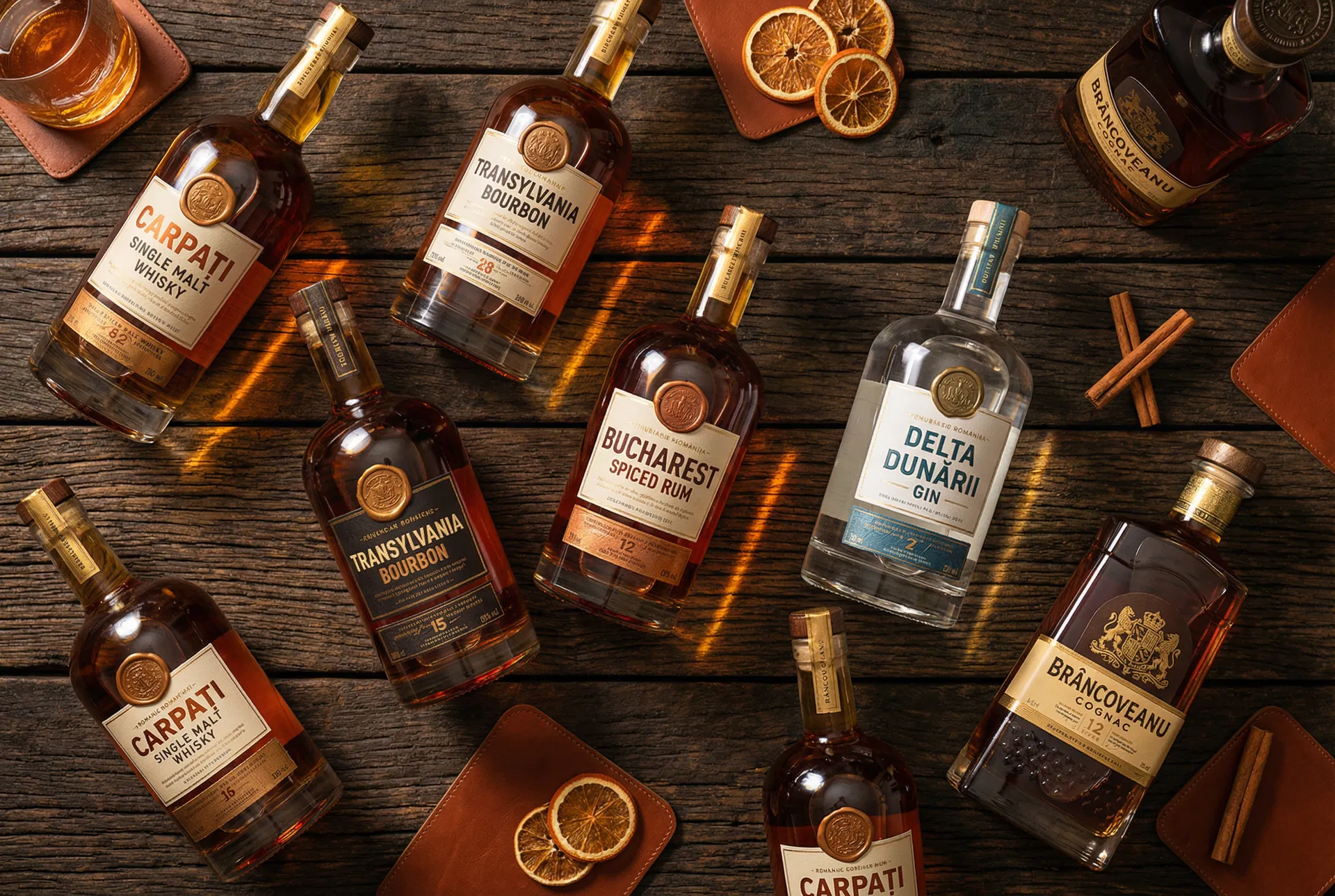 DrinkStory spirits collection — premium whisky, rum, gin and cognac bottles from 30+ countries