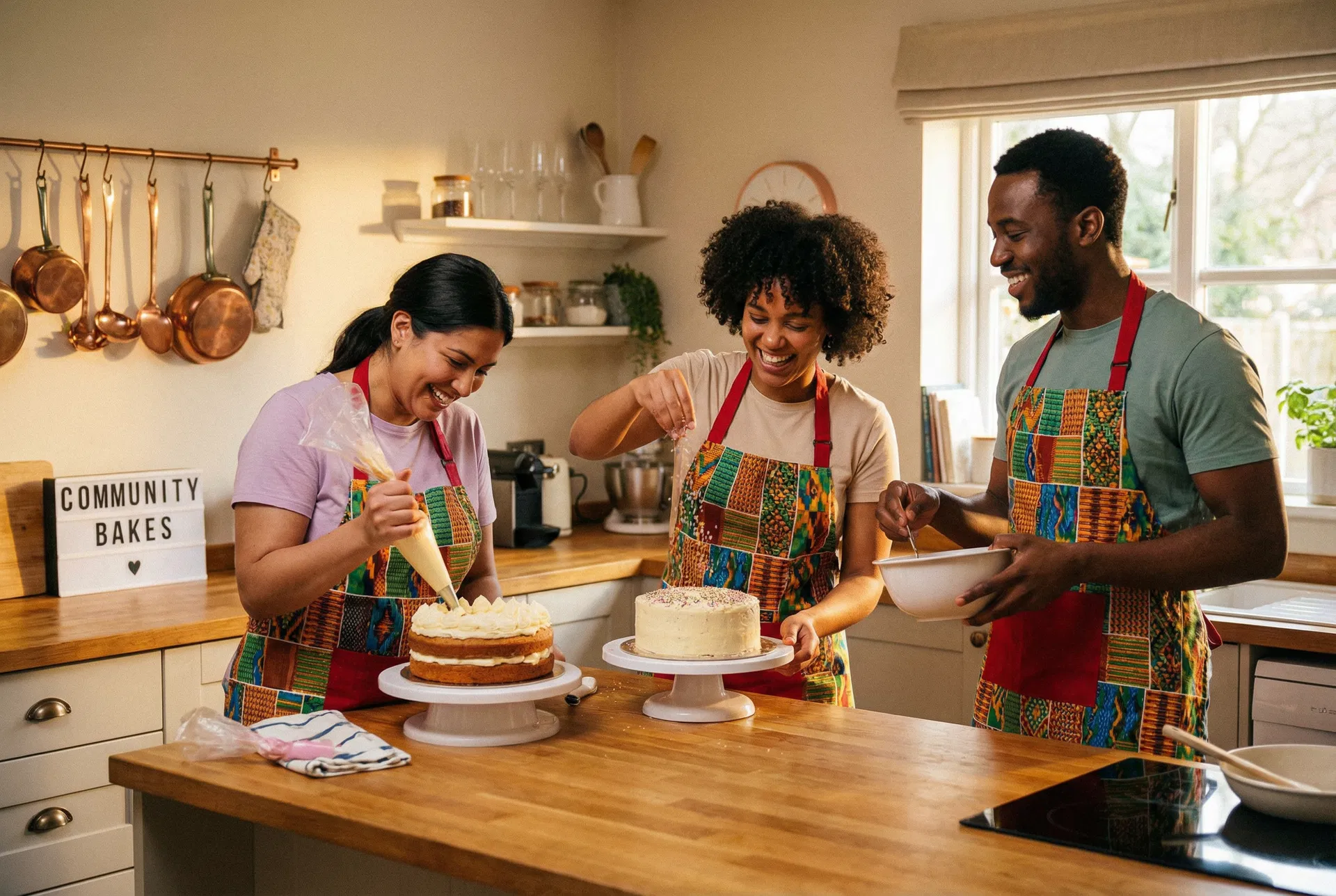 Volunteer bakers decorating cakes together