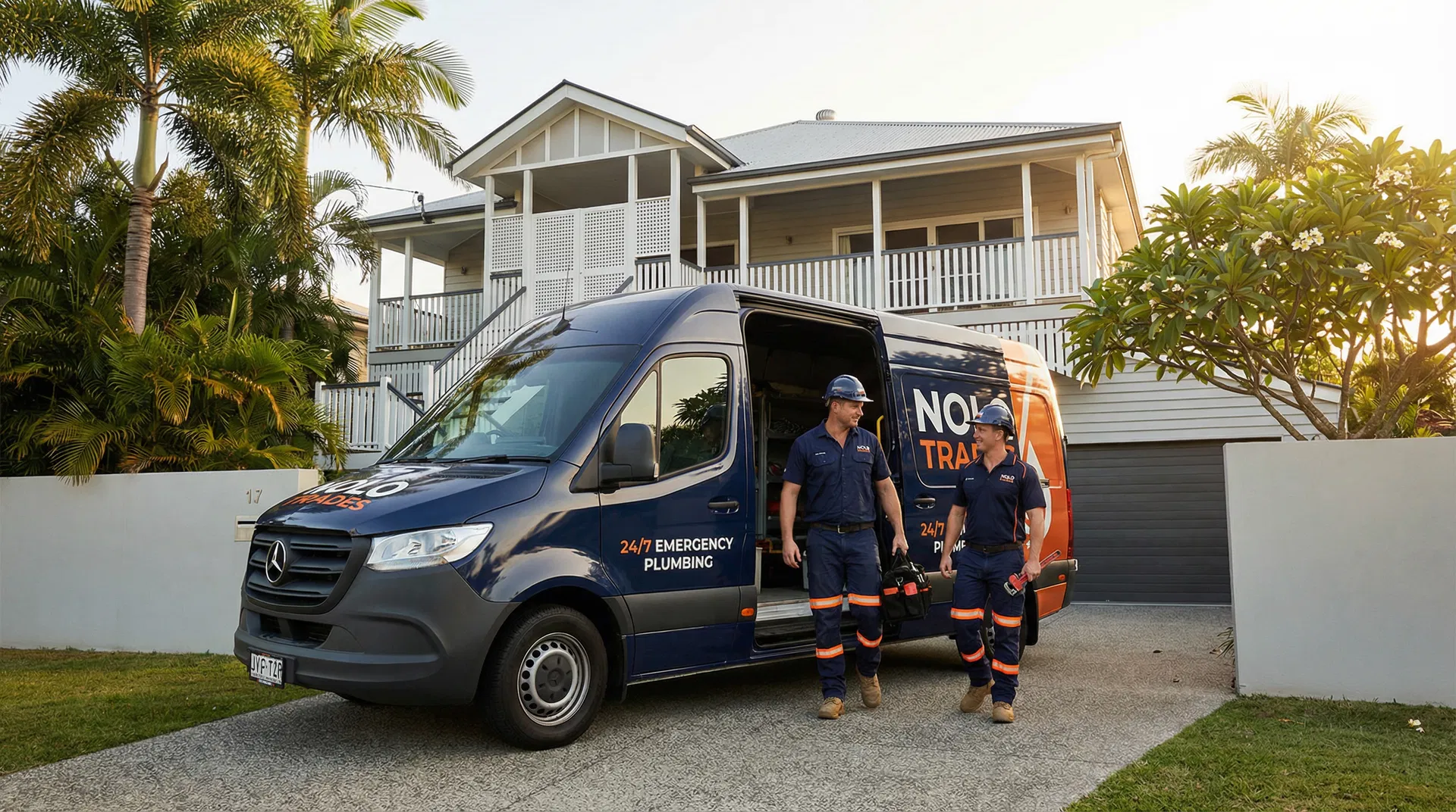 Nolo Trades Group emergency plumbing van and team arriving at a Brisbane home