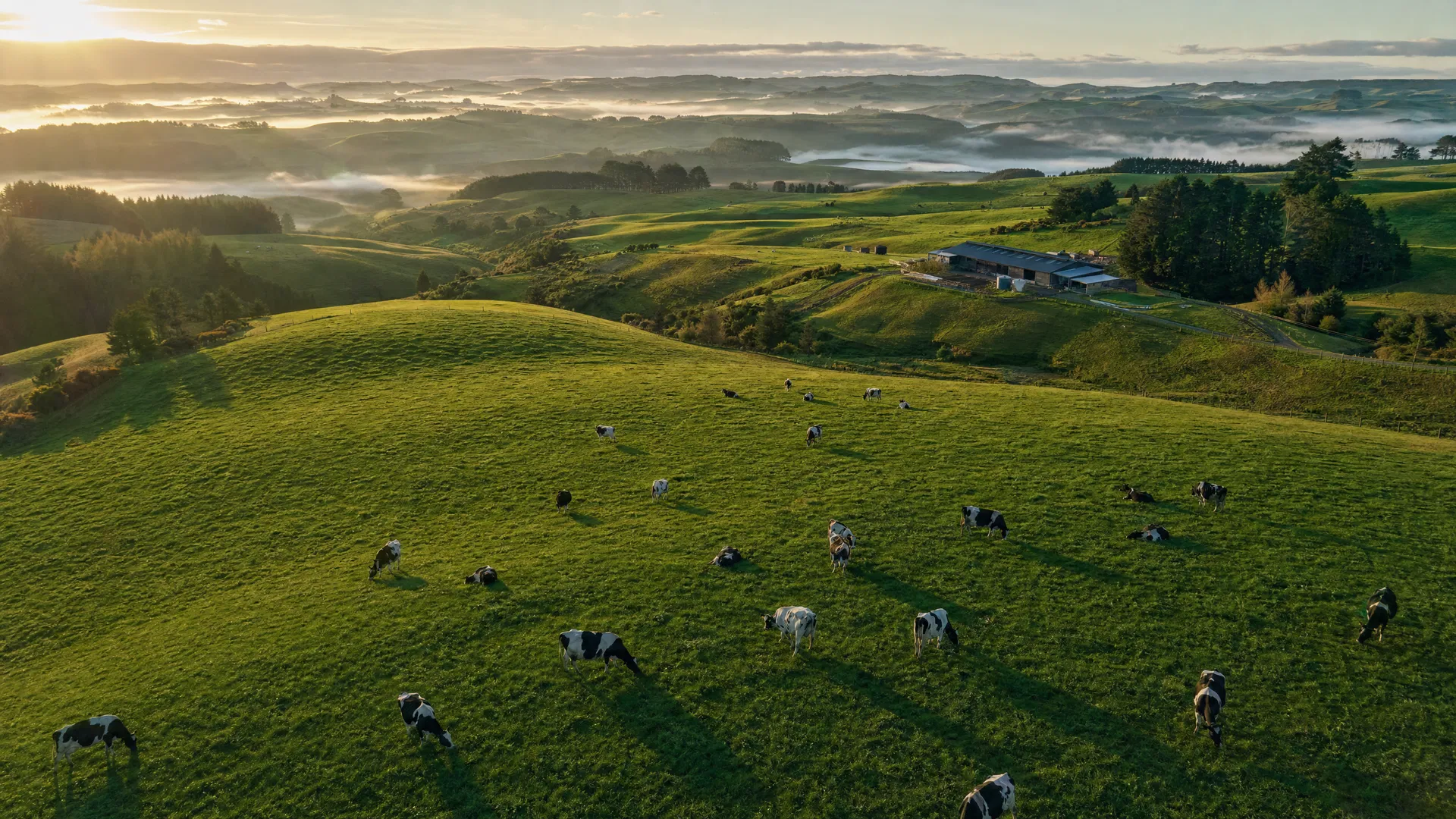 New Zealand dairy farm at golden hour
