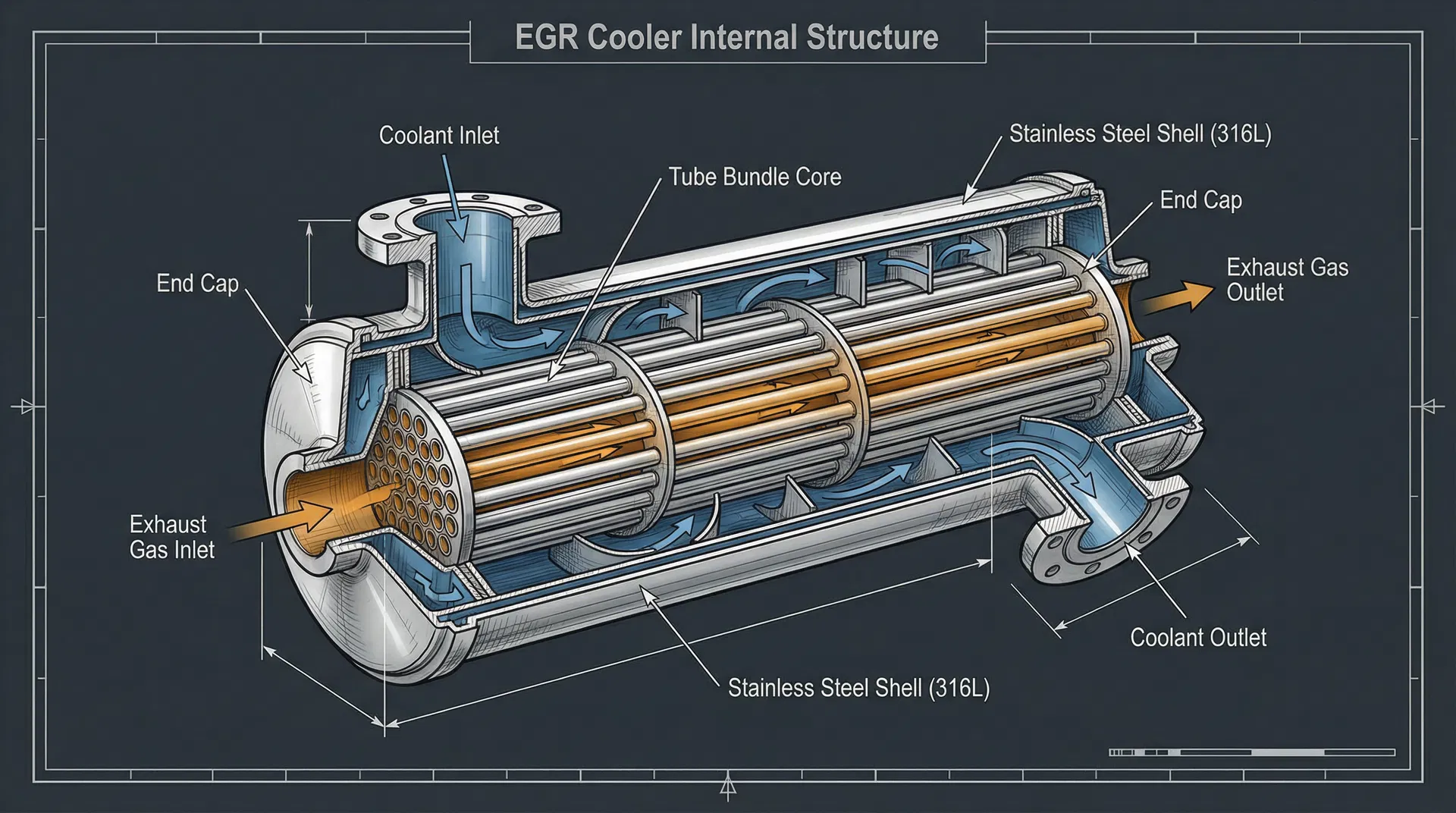EGR Cooler Internal Structure — Cutaway Diagram