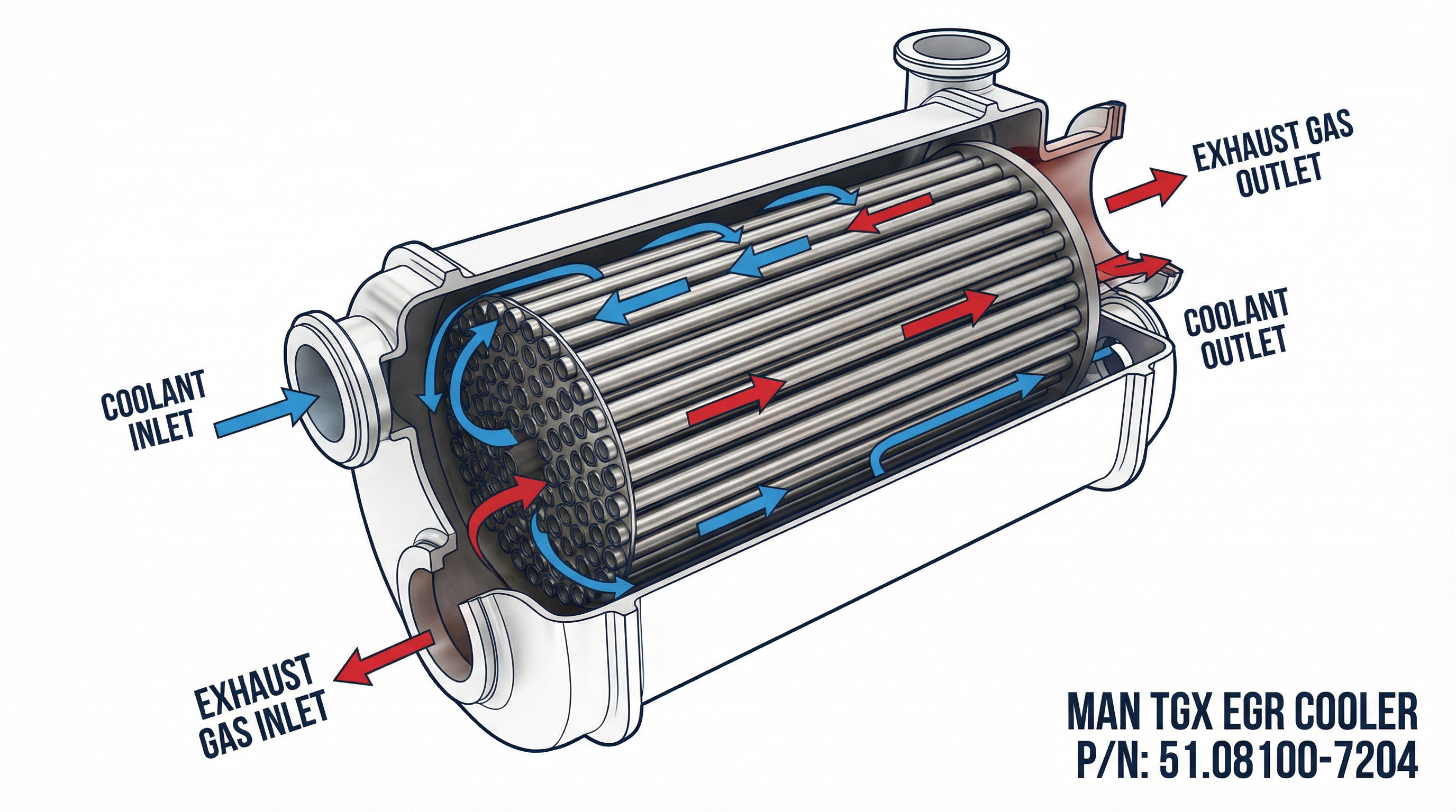 Technical cutaway diagram of MAN TGX EGR cooler 51.08100-7204 showing internal tube bundle and coolant/exhaust gas flow paths