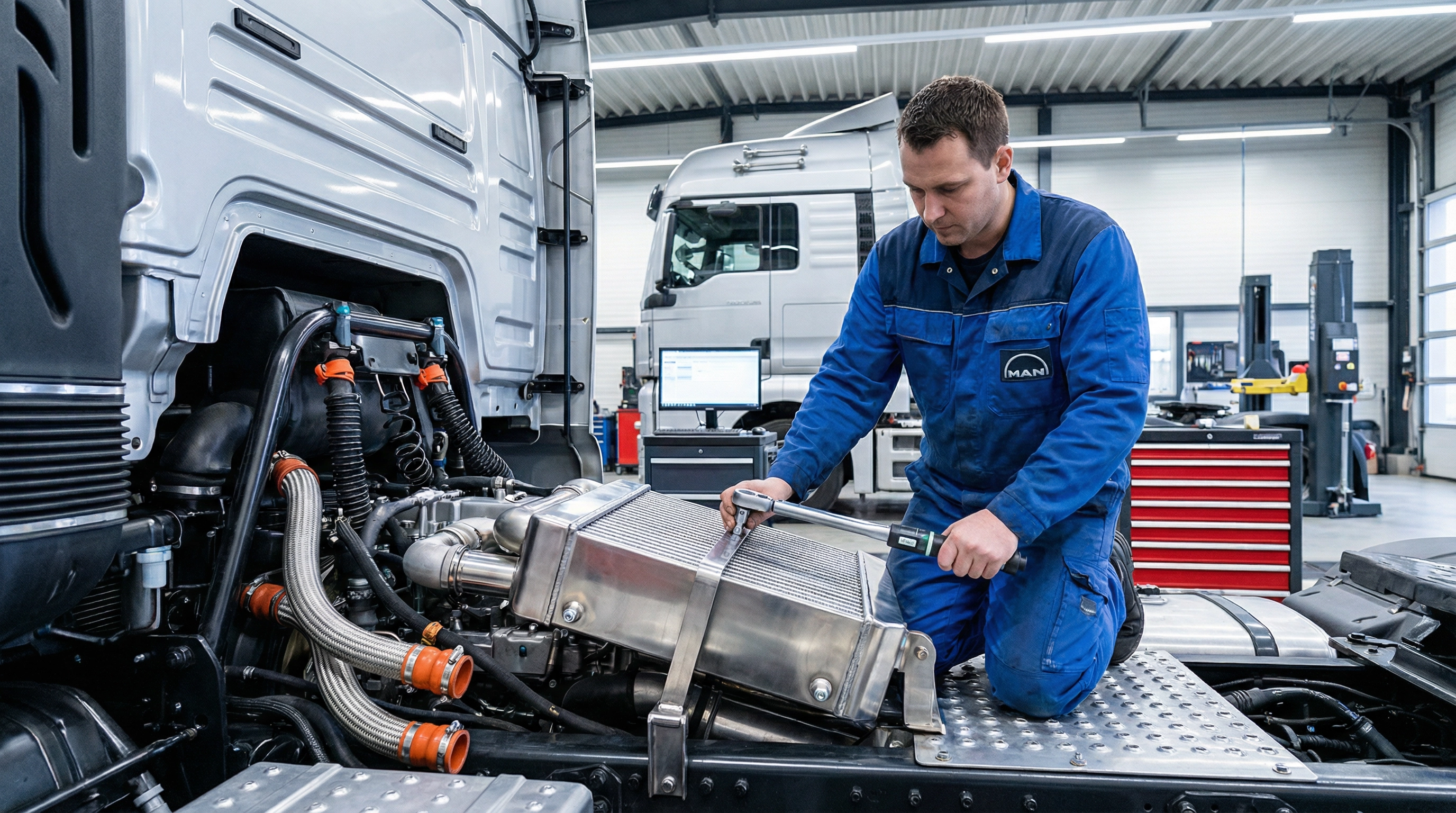 Professional MAN truck technician installing new EGR cooler with torque wrench in European truck workshop