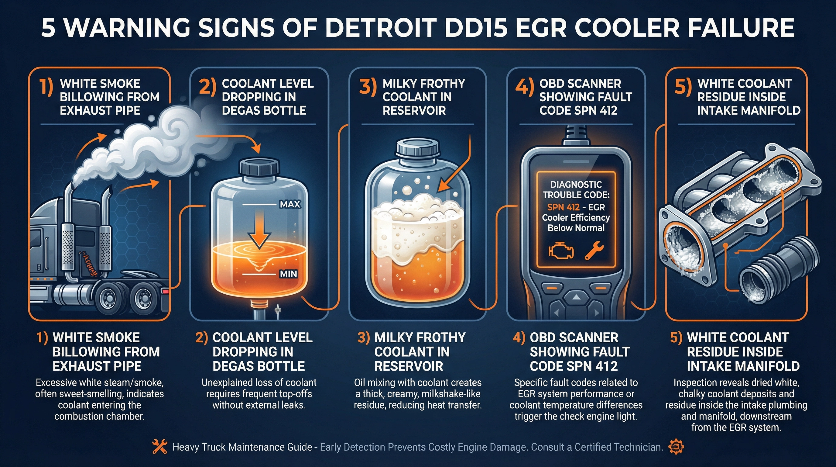 5 Warning Signs of Detroit DD15 EGR Cooler Failure infographic