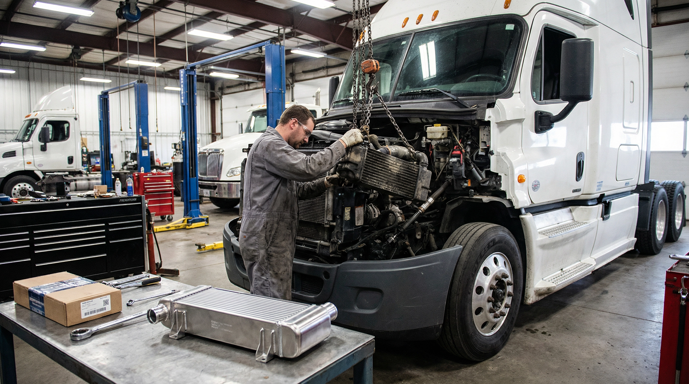Heavy-duty truck mechanic replacing Detroit DD15 EGR cooler in American truck repair shop