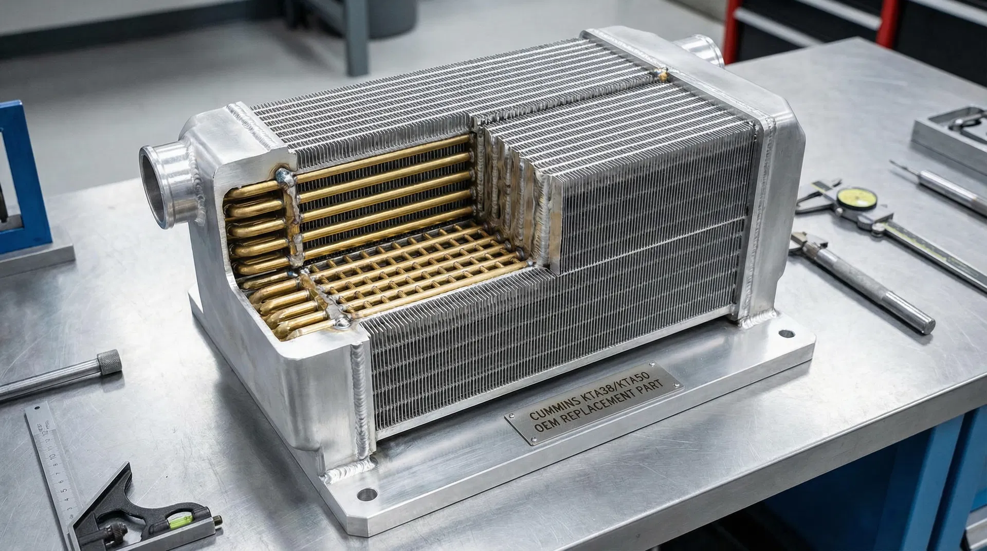 Aftercooler core cross-section showing aluminum fins and brass tube construction