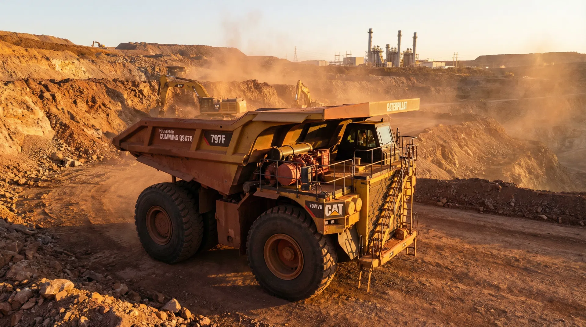 Large mining haul truck powered by Cummins QSK diesel engine in open-pit mine