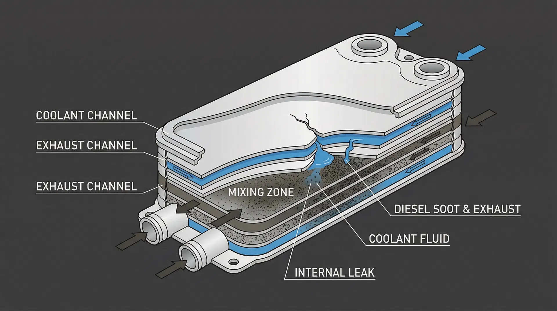 Technical cross-section showing EGR cooler internal coolant leak mixing with diesel soot particles
