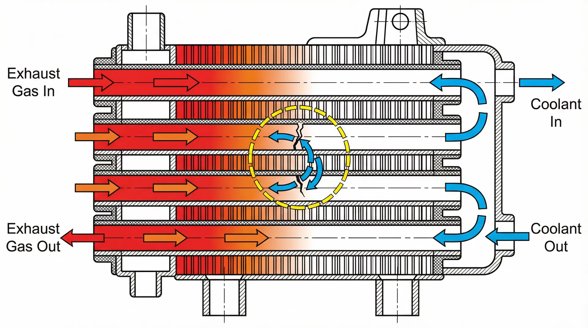 Technical cross-section of an EGR cooler showing internal crack allowing coolant to leak into the exhaust gas passage