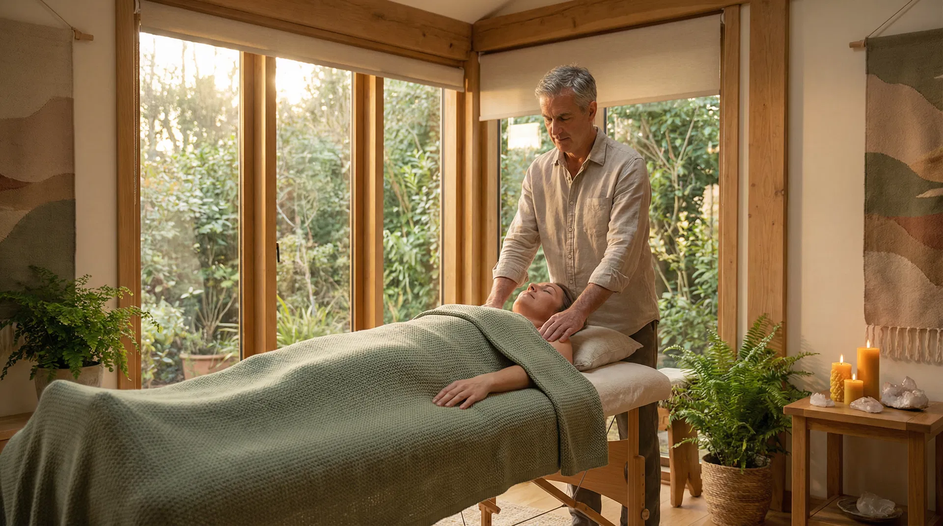 Heilbehandlung in der Praxis Physiotherapie Neumarkt – energetische Therapie mit Gartenblick