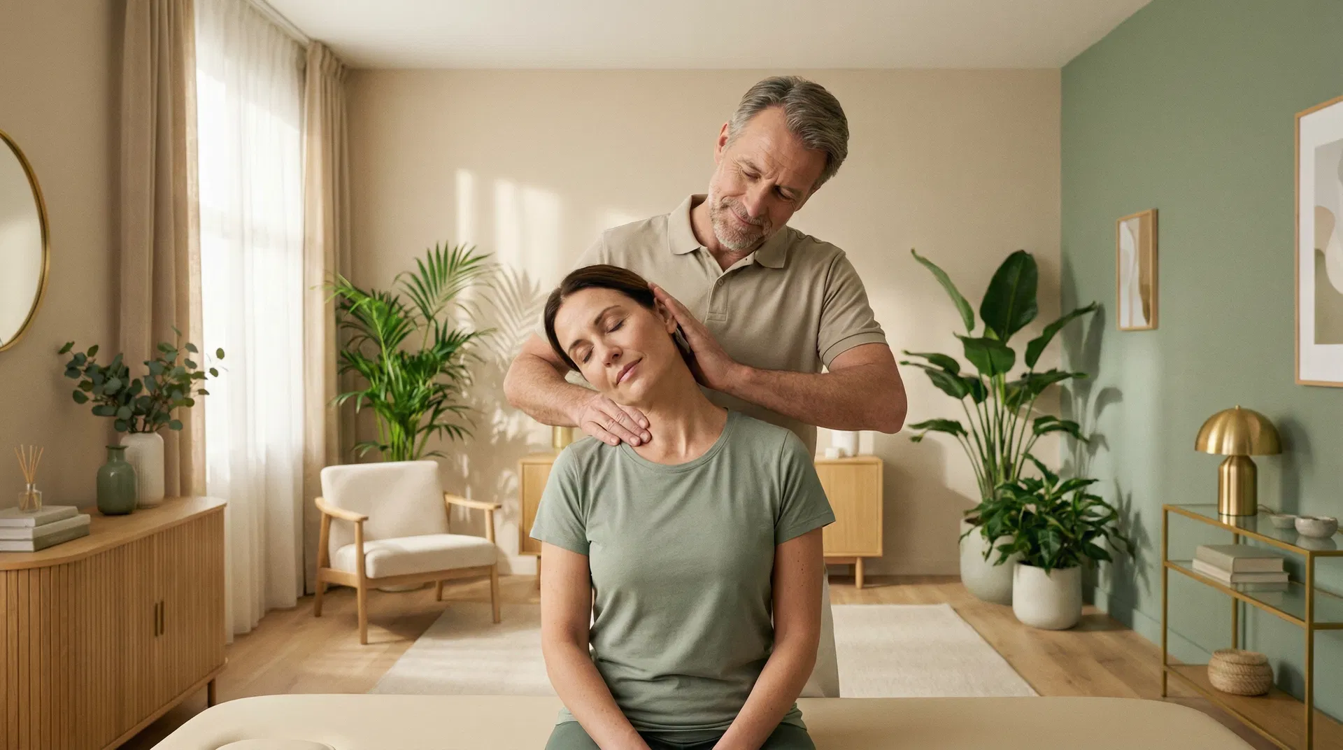 Erfahrener Physiotherapeut führt manuelle Therapie durch in modernem Behandlungsraum mit Pflanzen und natürlichem Licht - Physiotherapie Neumarkt