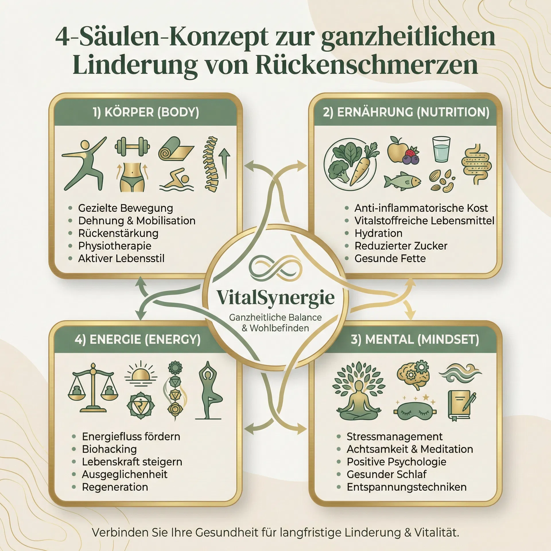 4-Säulen-Konzept zur ganzheitlichen Linderung von Rückenschmerzen: Körper, Ernährung, Mental, Energie