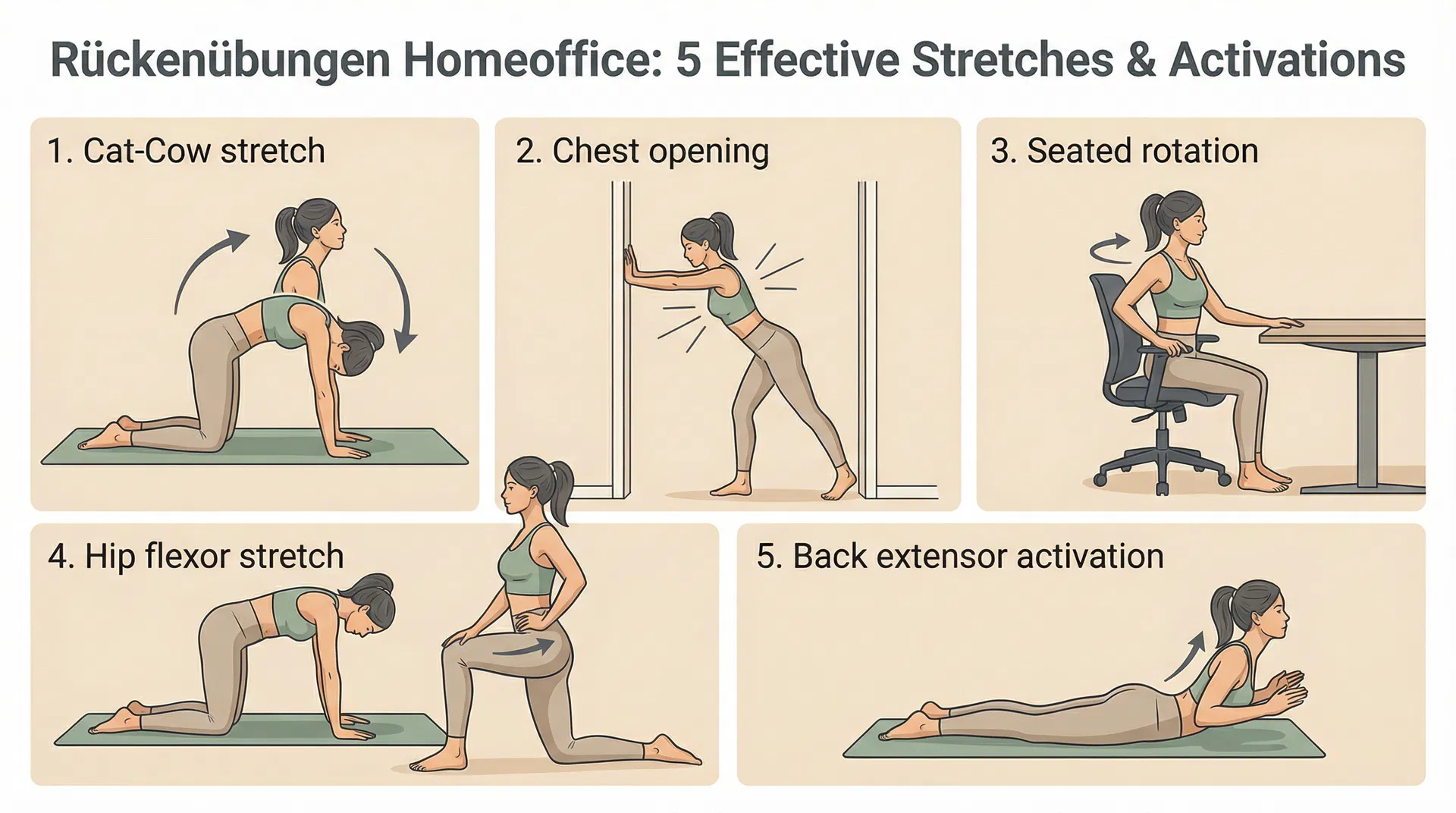 5 effektive Rückenübungen für Homeoffice: Katze-Kuh, Brustöffnung, Rotation, Hüftbeuger-Dehnung, Rückenstrecker