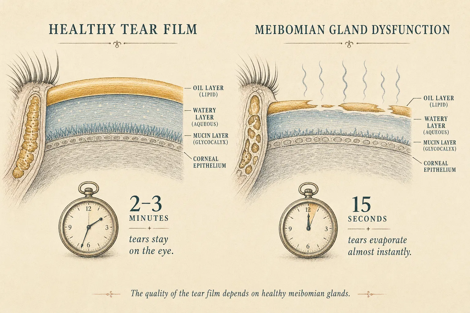 Comparison of a healthy tear film and a damaged tear film with meibomian gland dysfunction