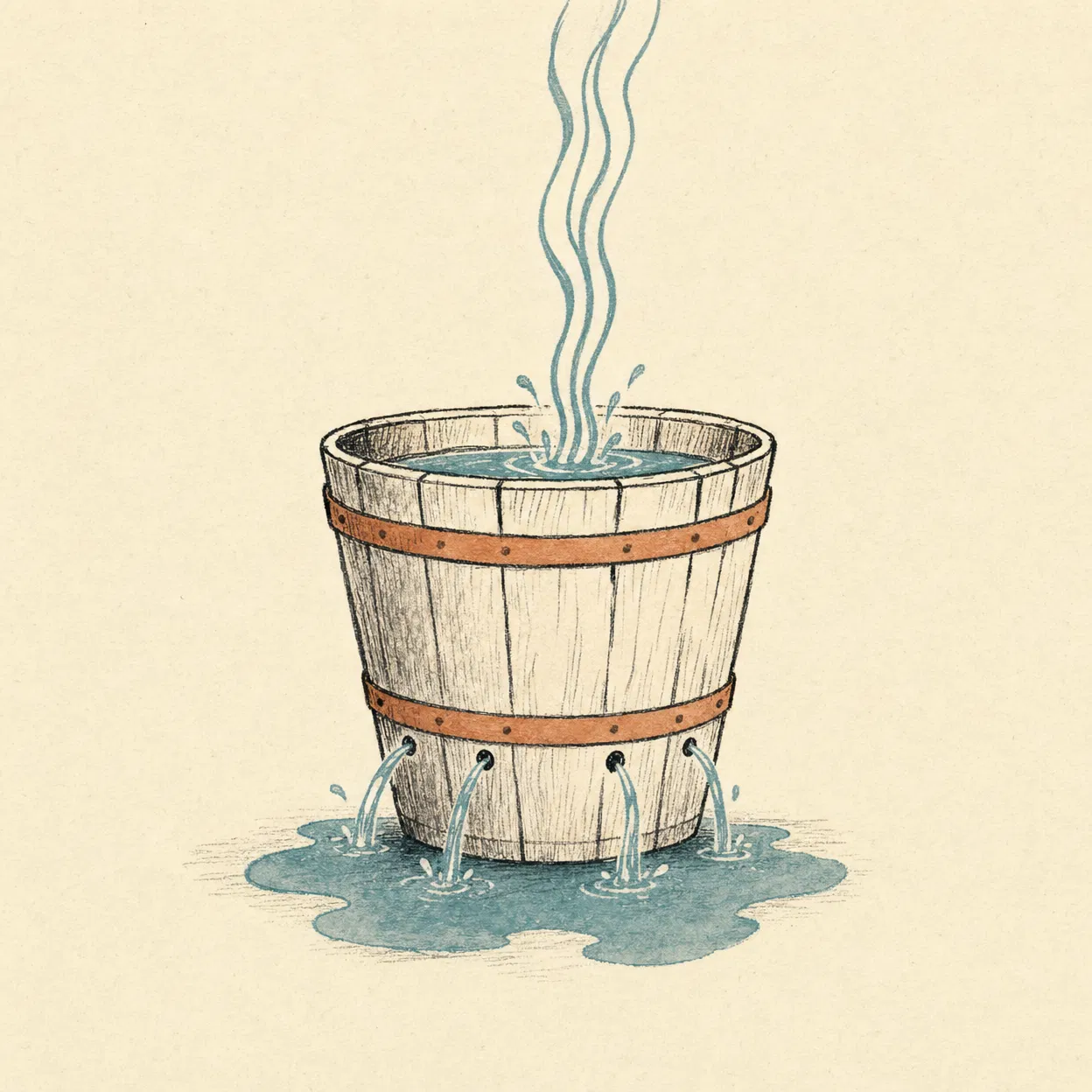 A bucket with water pouring in and leaking out the bottom