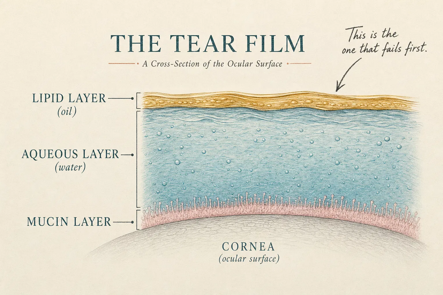 Cross-section diagram of the tear film showing the lipid layer, aqueous layer and mucin layer