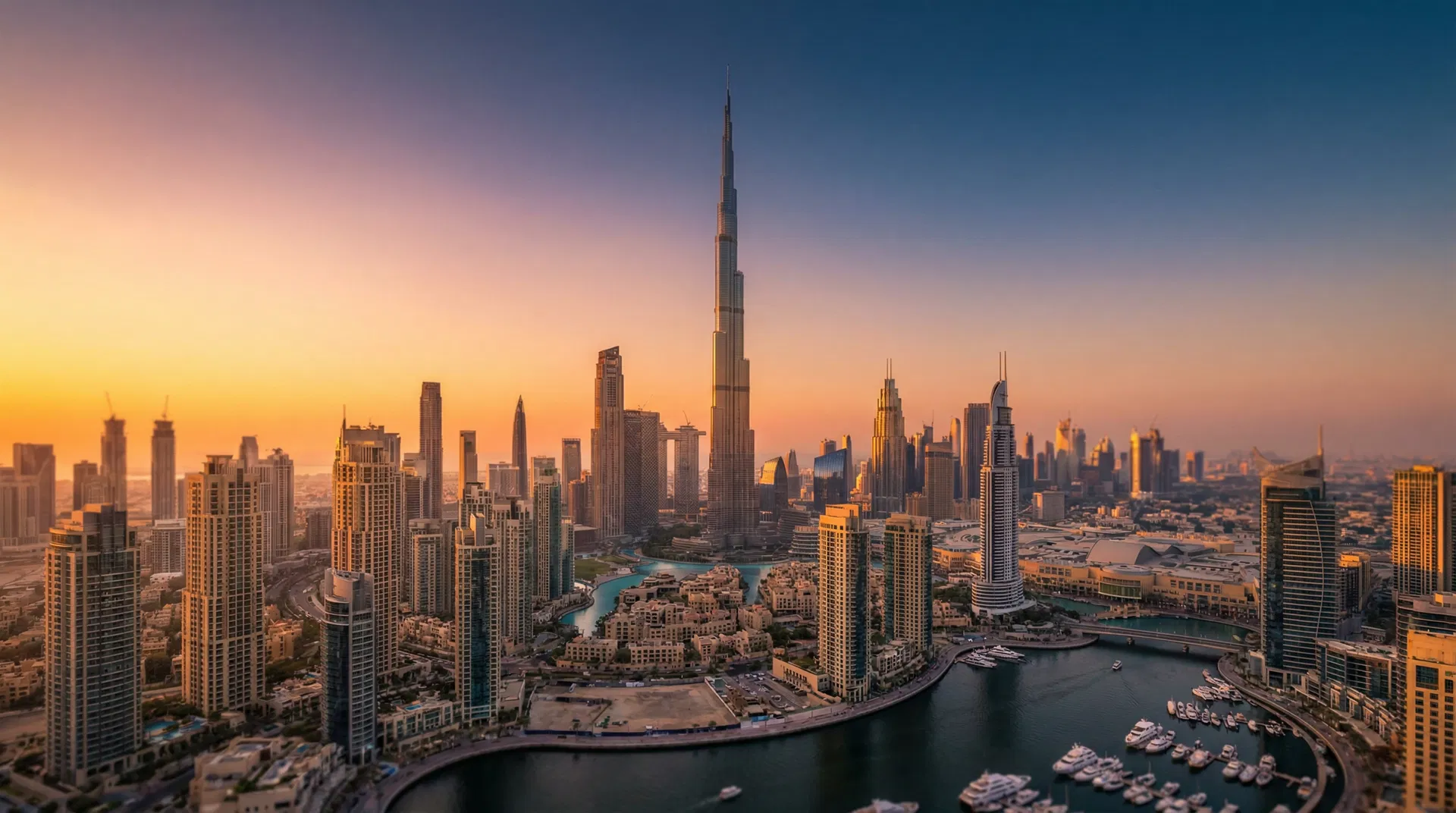 Dubai luxury real estate skyline at golden hour - premium villas and properties for sale