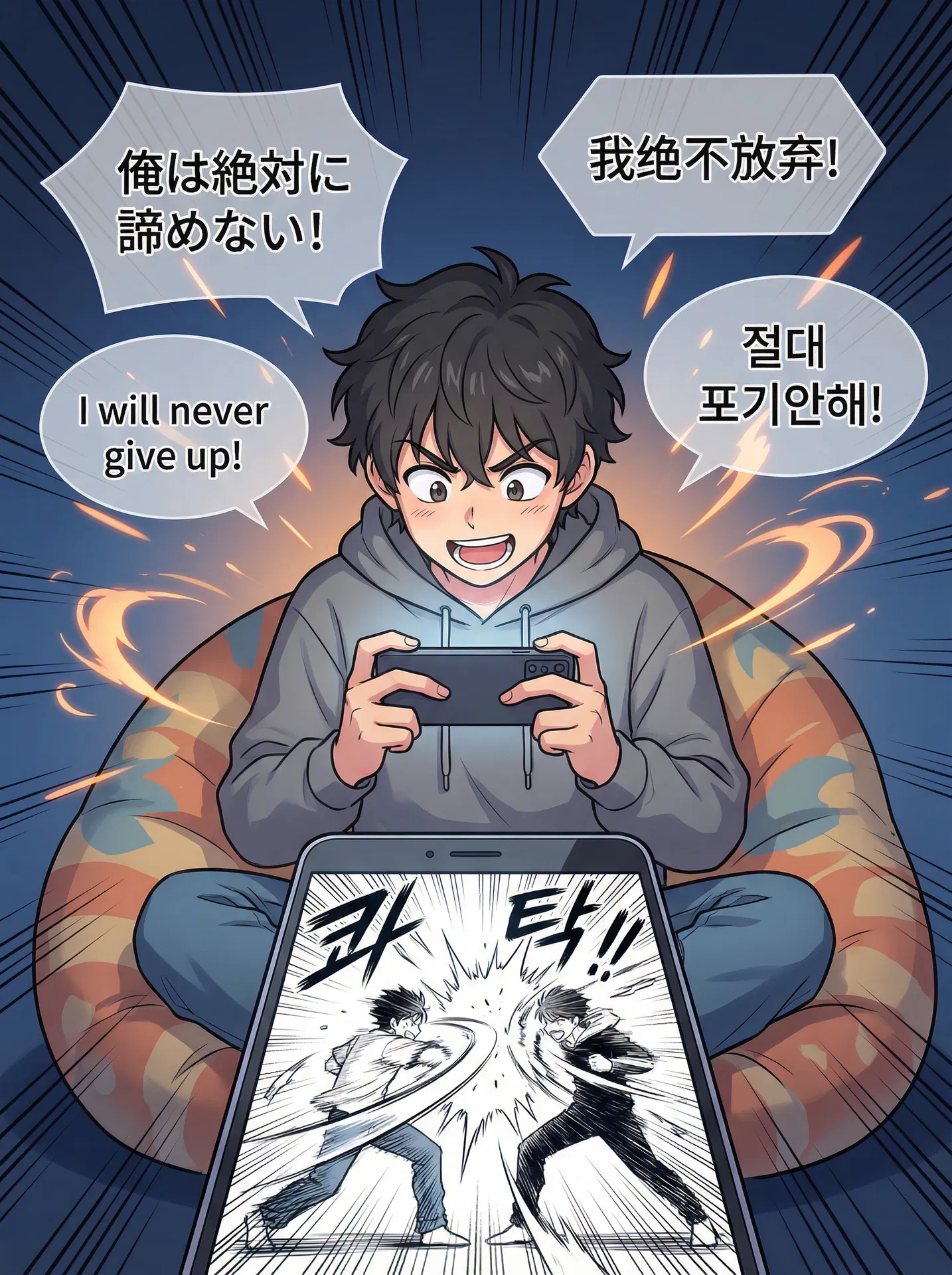 男孩沉浸阅读热血日漫，使用沉浸式翻译