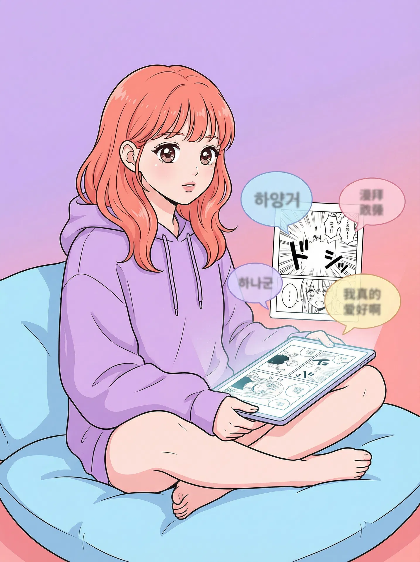 女生沉浸阅读爱情漫画，使用沉浸式翻译