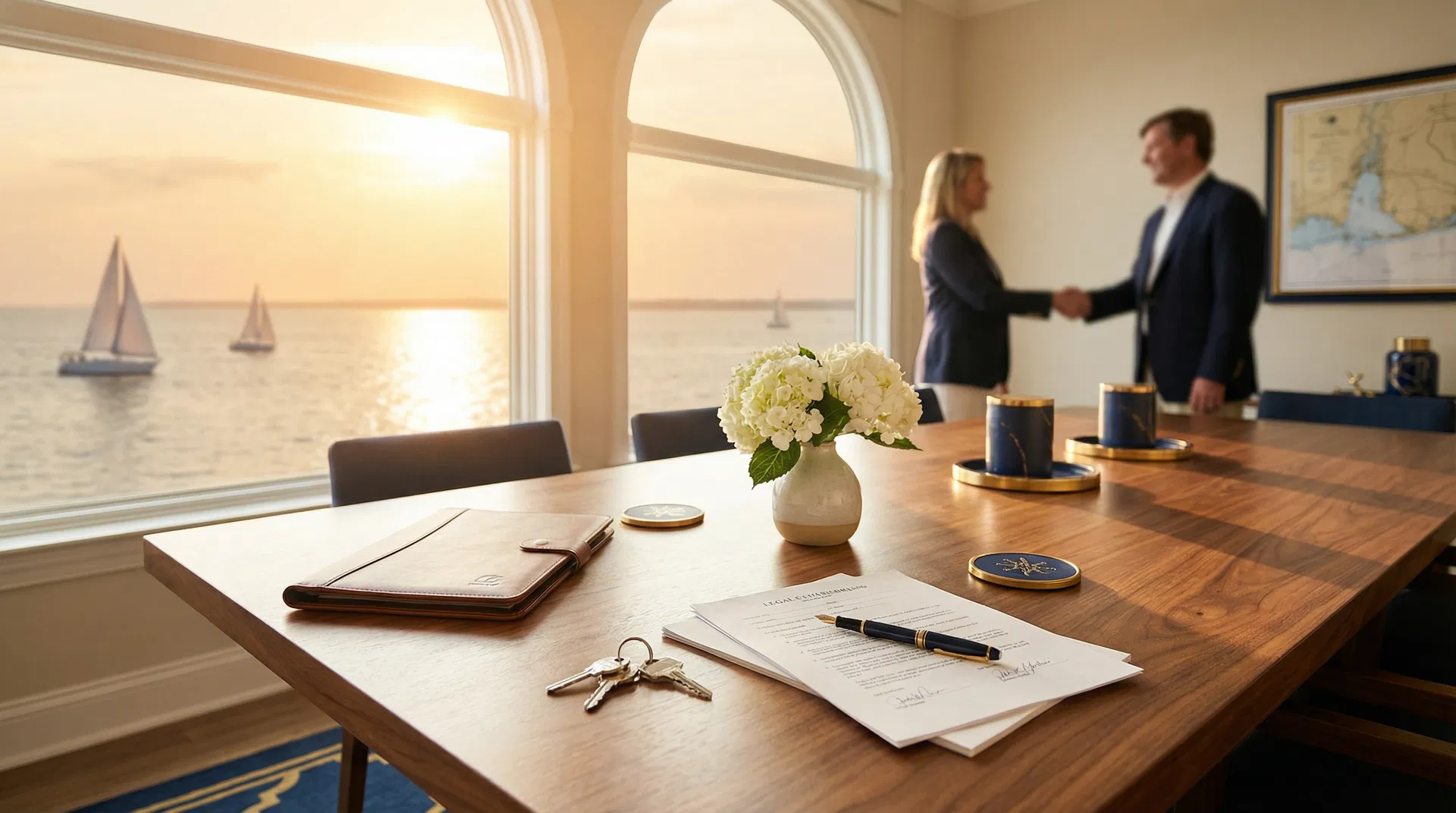 Real estate closing table with keys and documents overlooking Mobile Bay at sunset