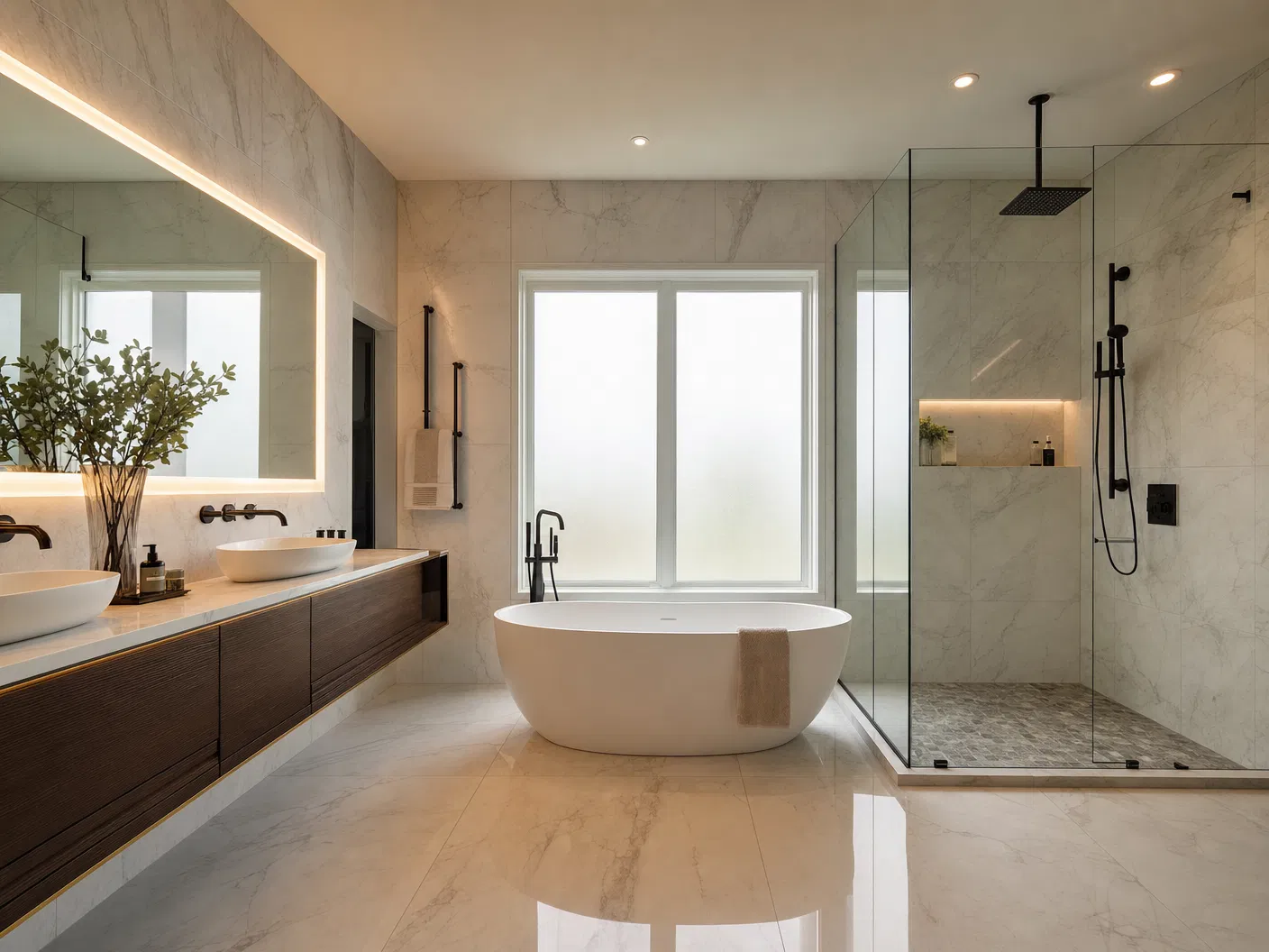 Luxury primary bathroom with freestanding soaking tub, marble tile, and frameless glass shower