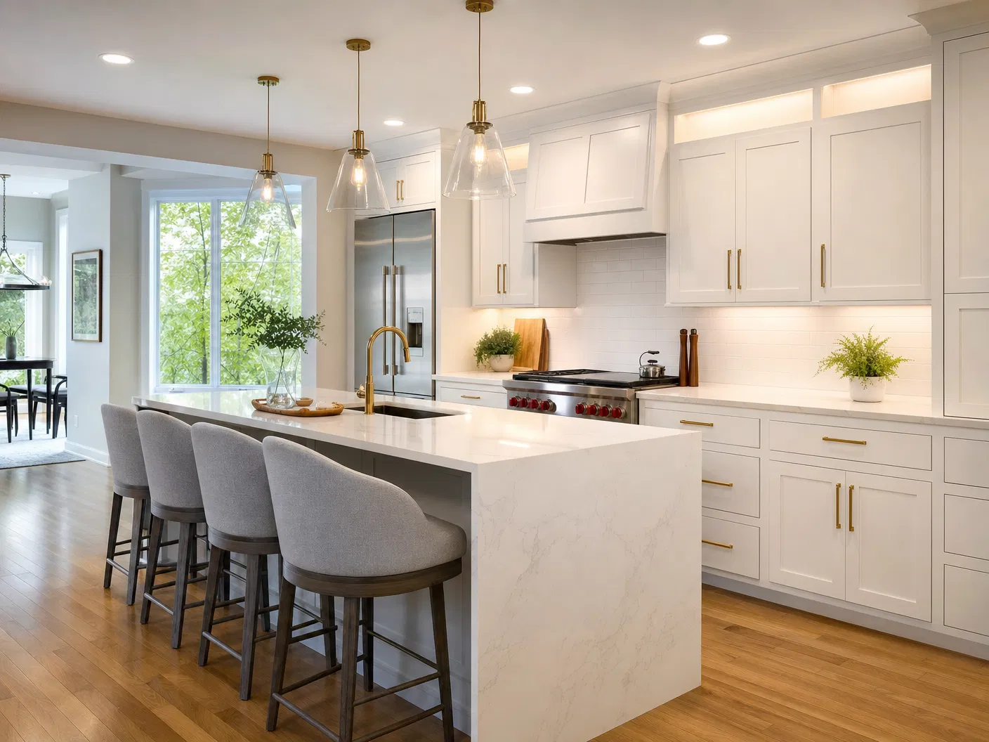 Modern kitchen renovation with white shaker cabinets, quartz waterfall island, and gold hardware