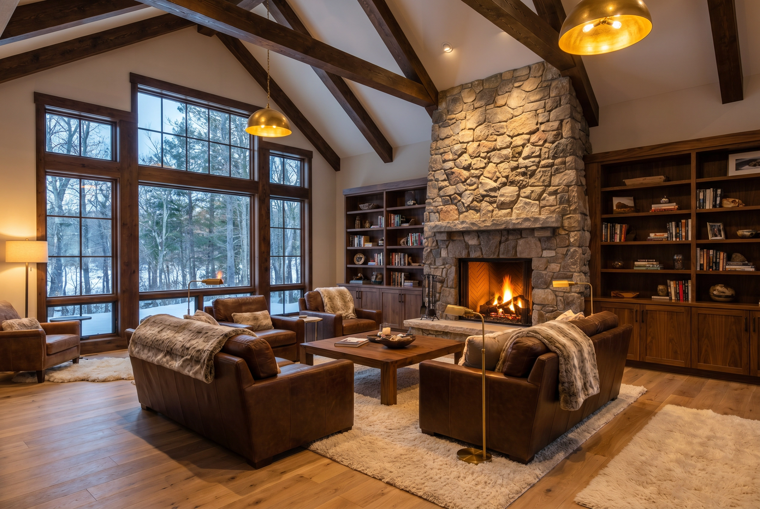 Custom built home great room with vaulted ceilings and stone fireplace
