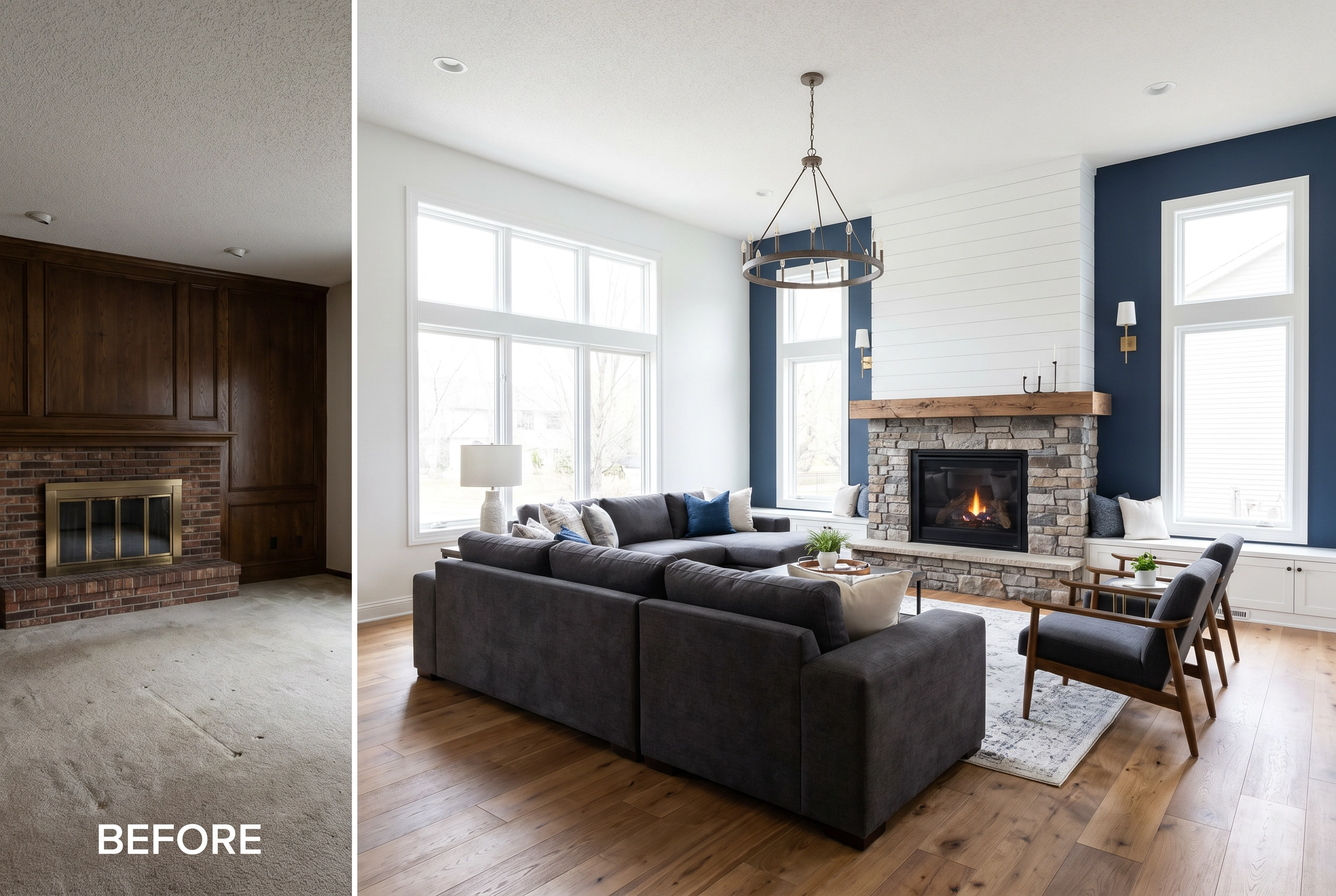 Before and after living room remodel with new fireplace and hardwood floors