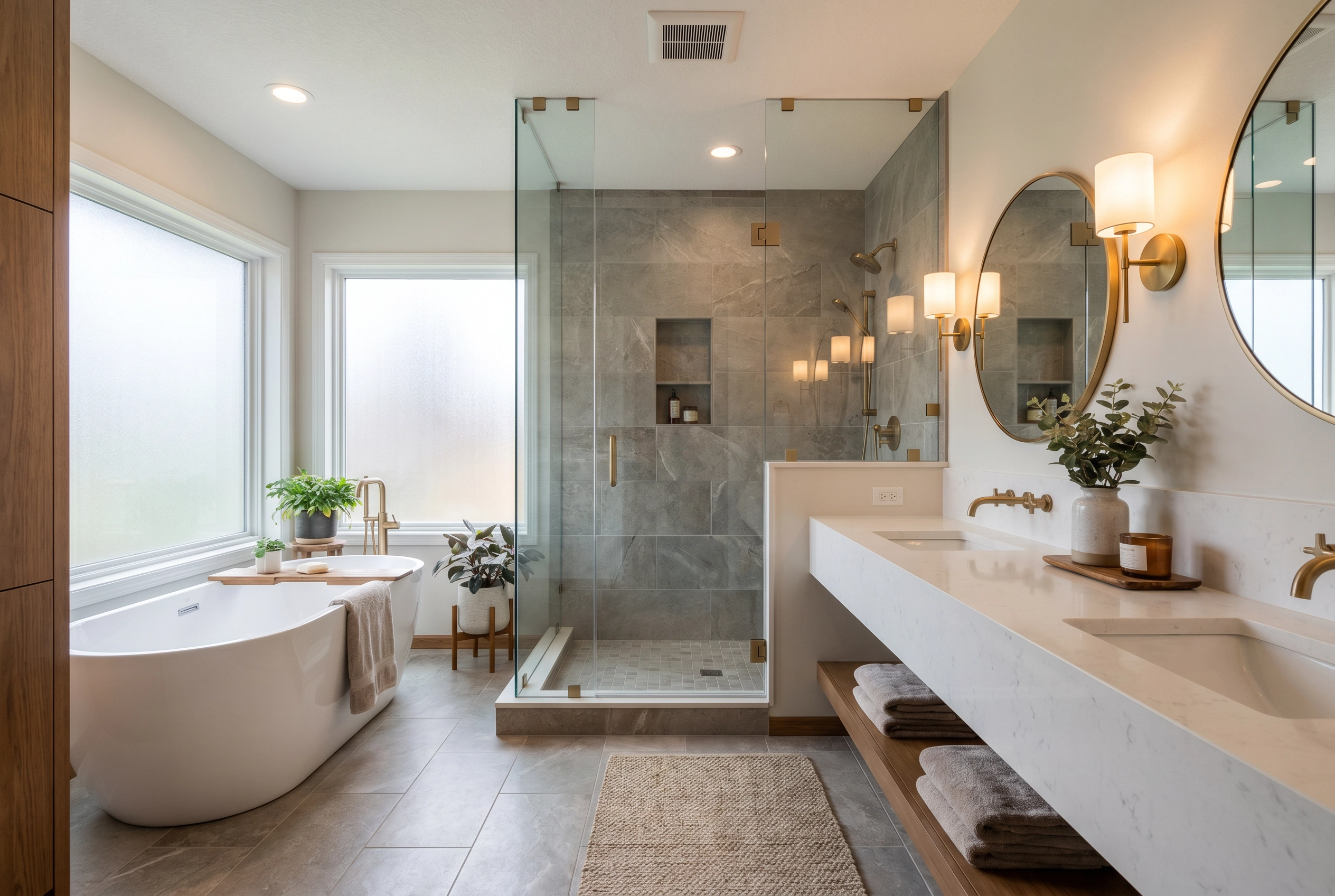 Luxury master bathroom remodel with freestanding tub and walk-in shower