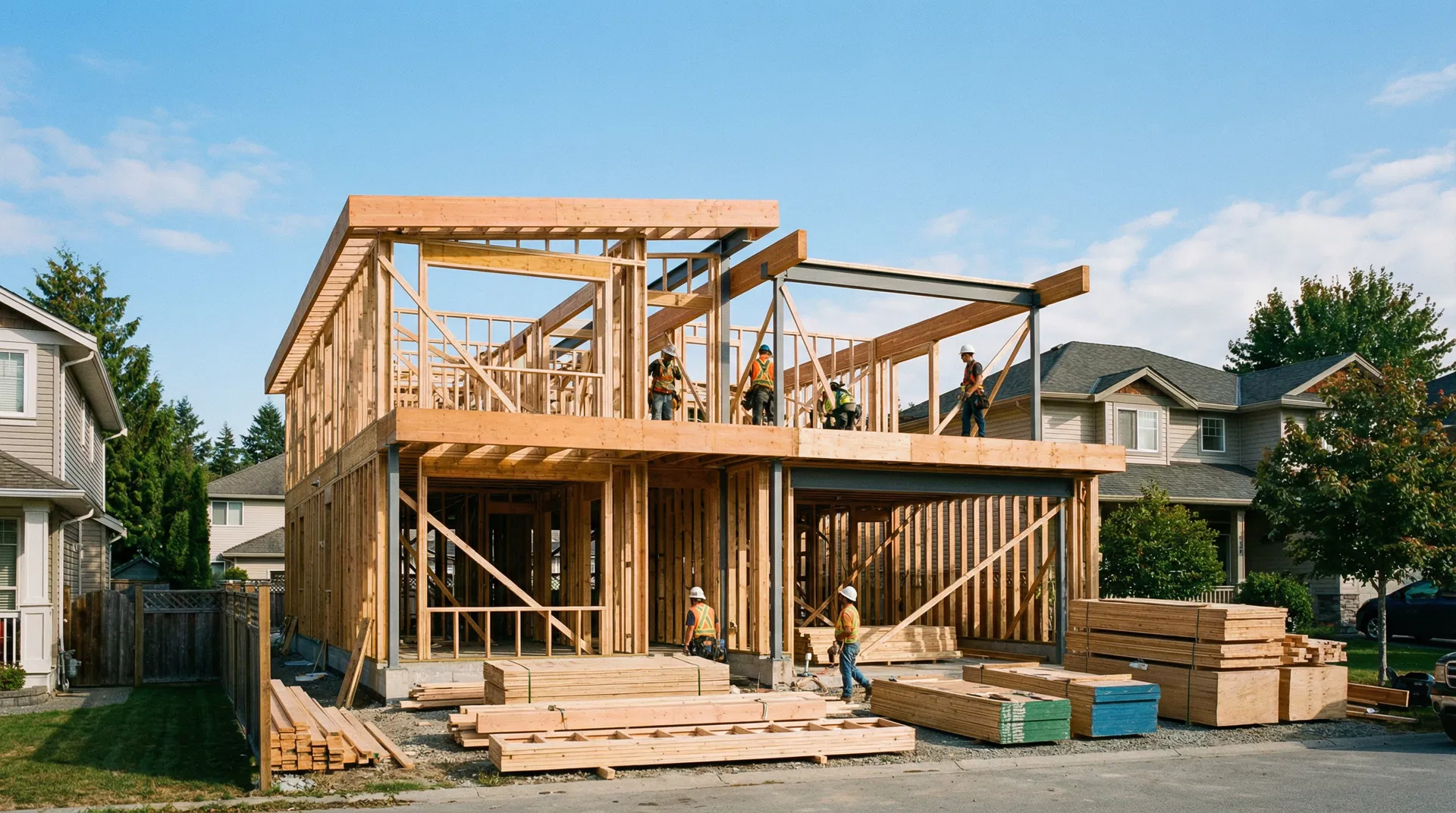 Active residential construction site in the Minneapolis suburbs showing timber framing of a new custom home with workers on site