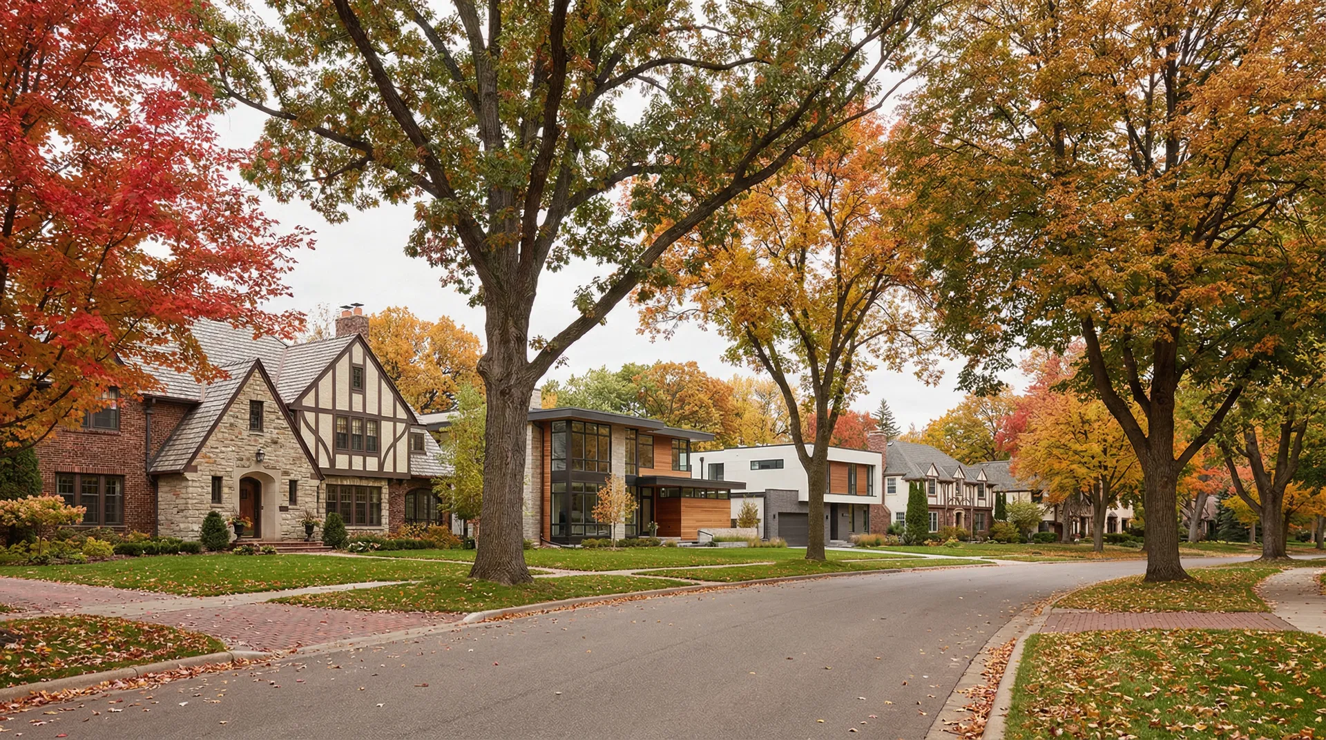 Tree-lined residential street in Edina, Minnesota showing a mix of established homes and new construction projects typical of the area