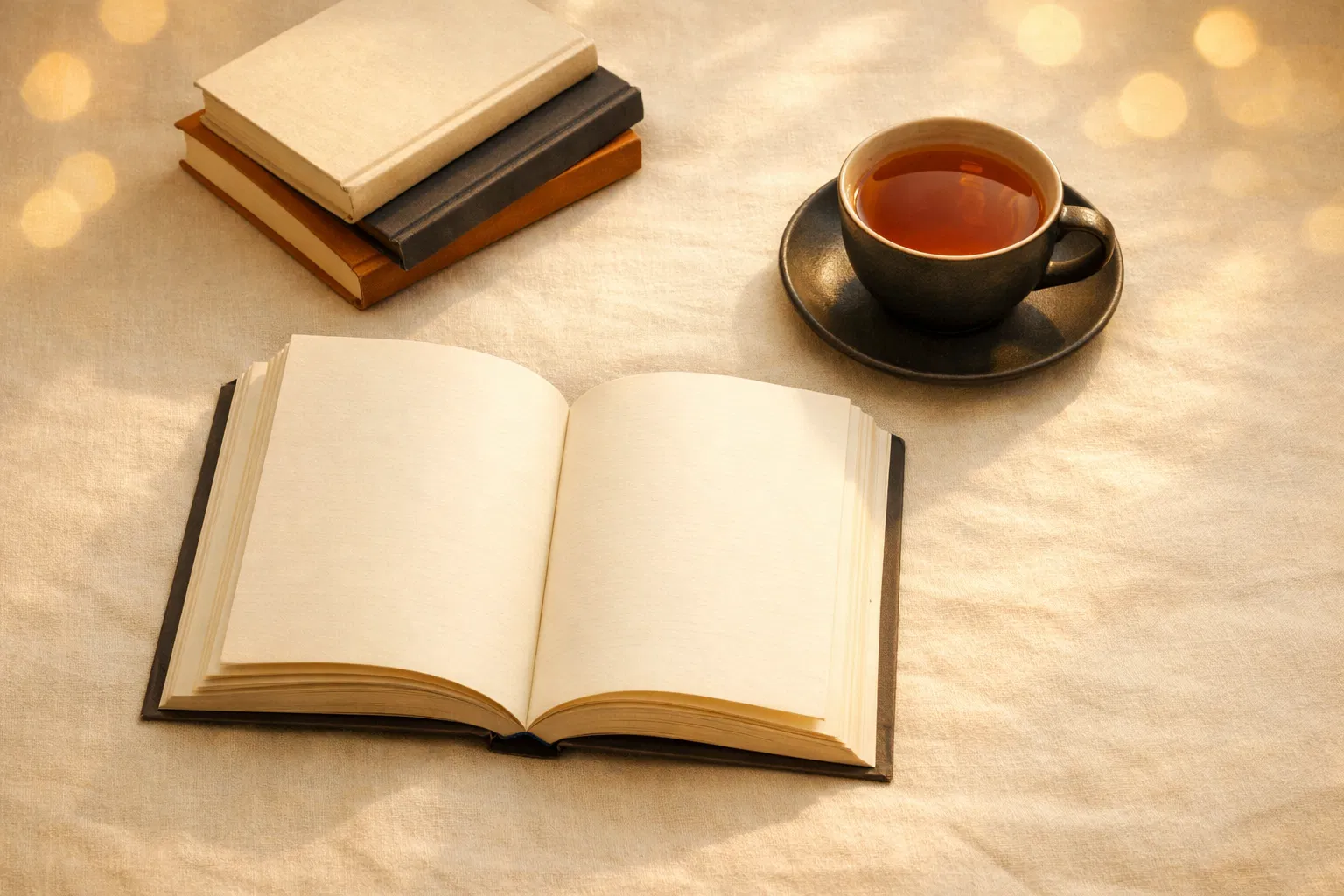 Open books and tea on a warm linen surface