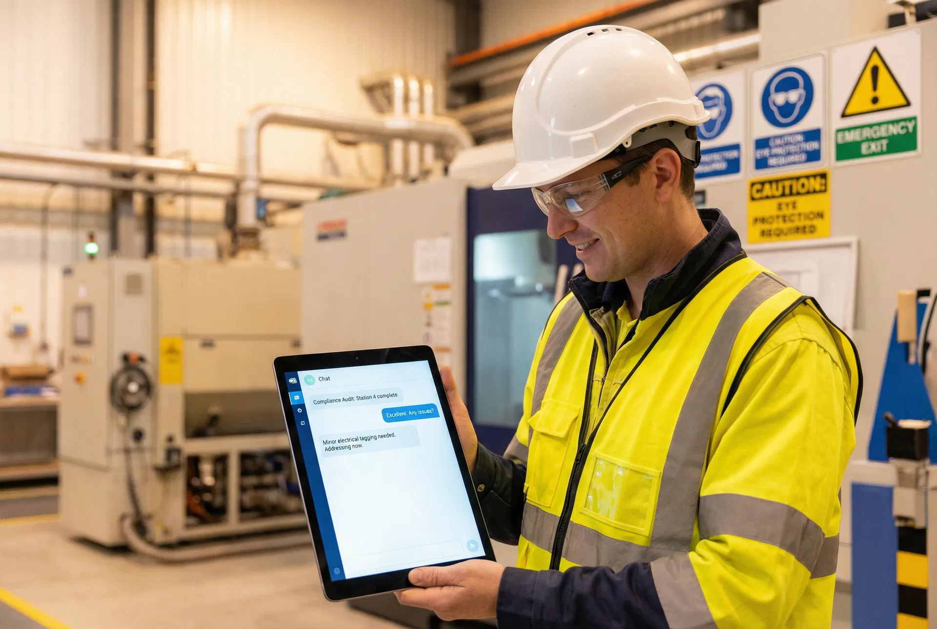 Safety professional using AI assistant on tablet