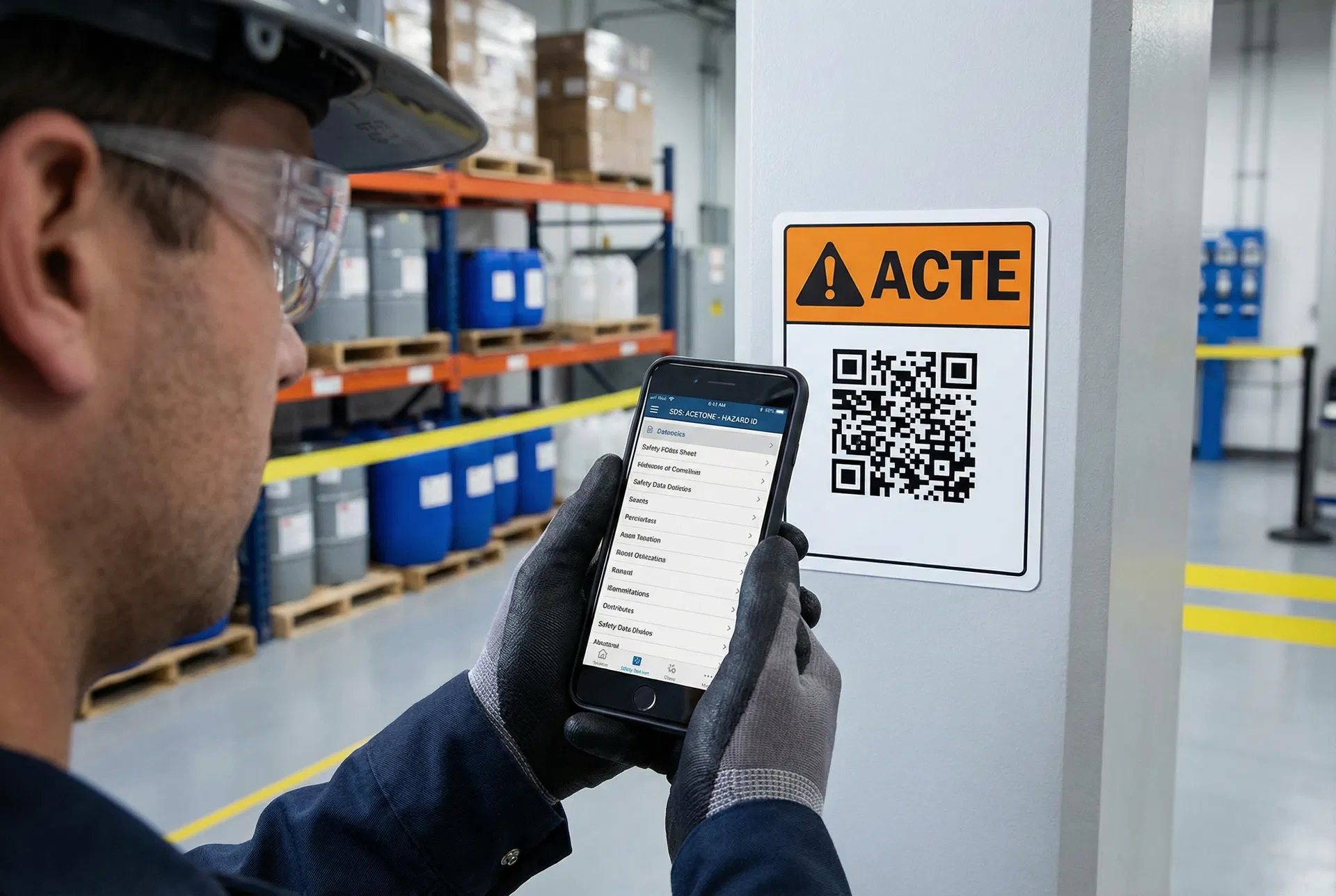 Worker scanning QR code for SDS access