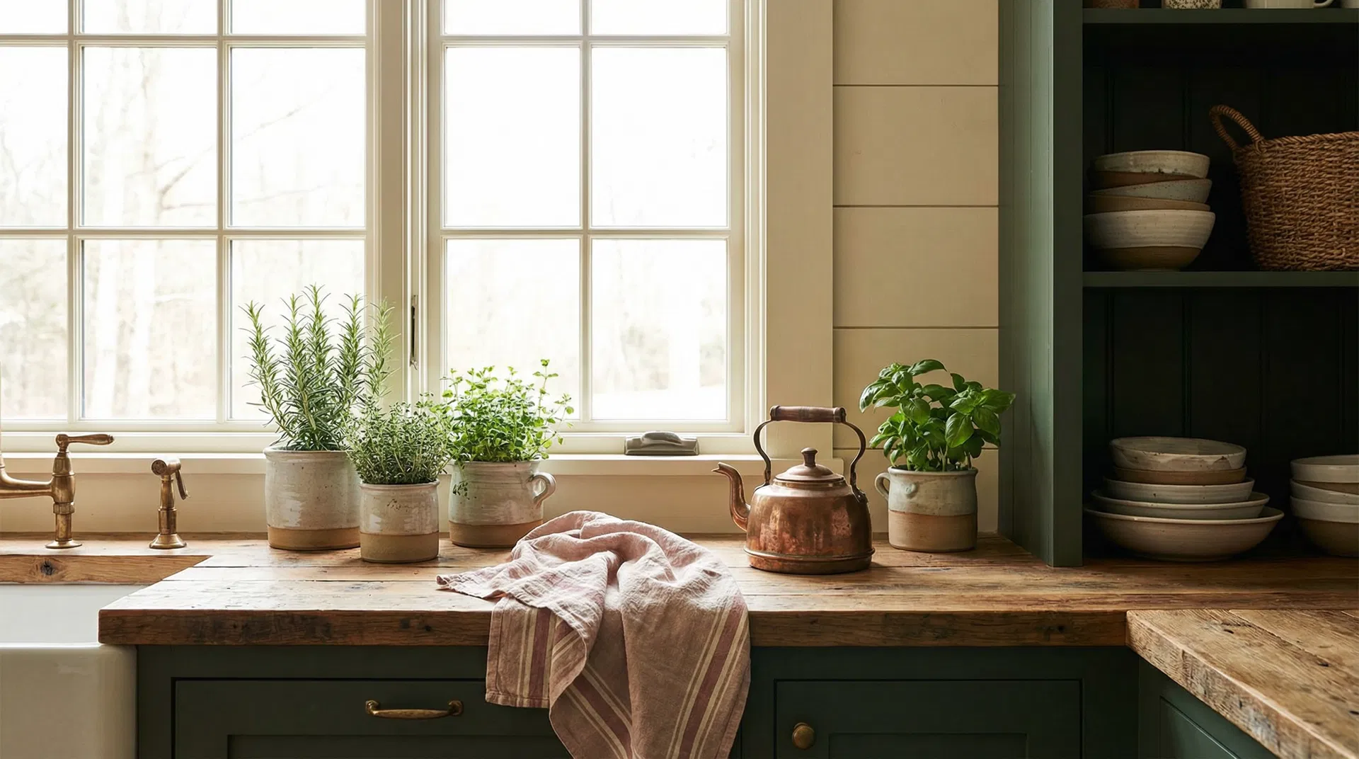 Cozy farmhouse kitchen with herbs and copper kettle