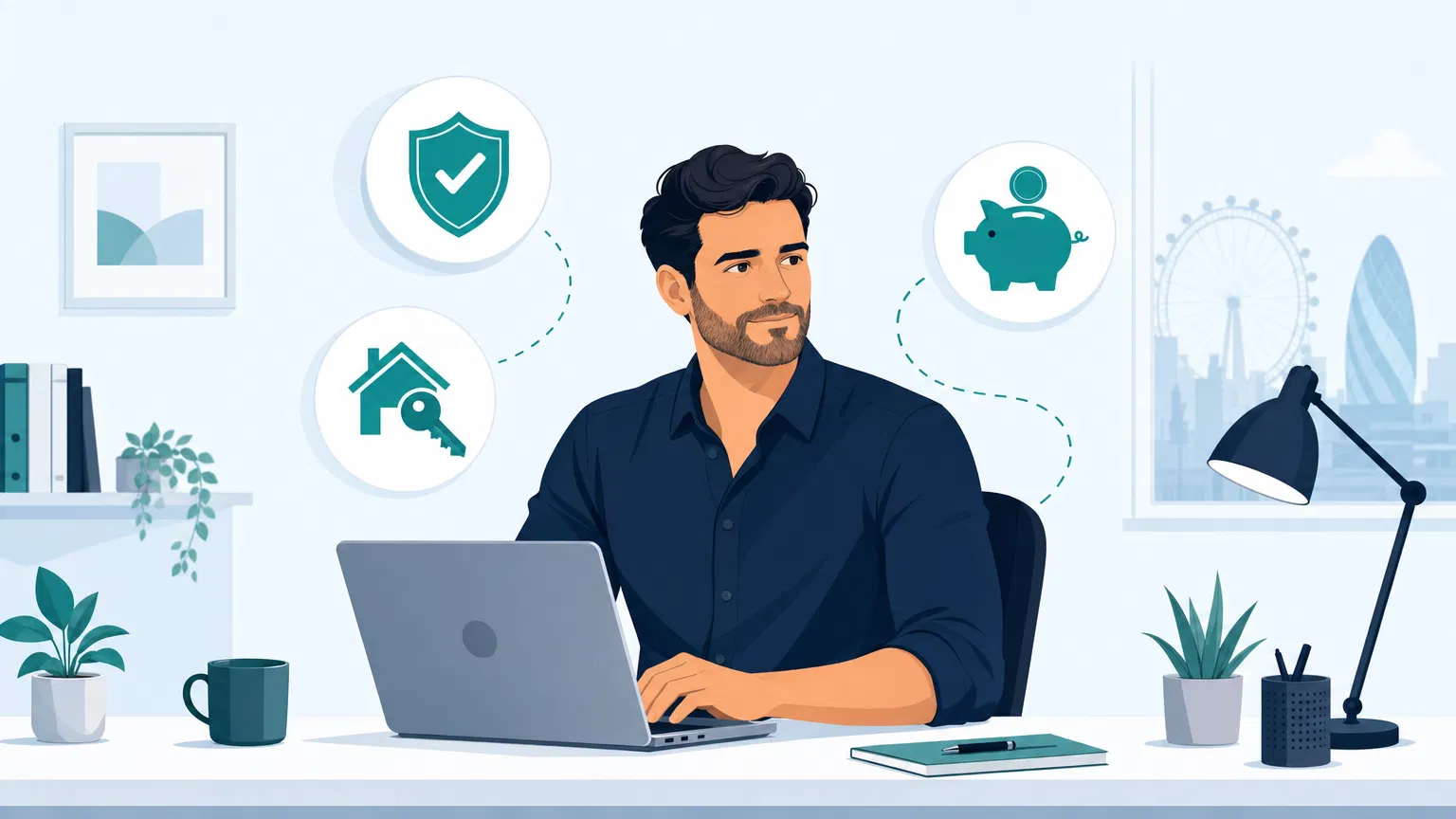 Contractor working with insurance, mortgage and pension icons