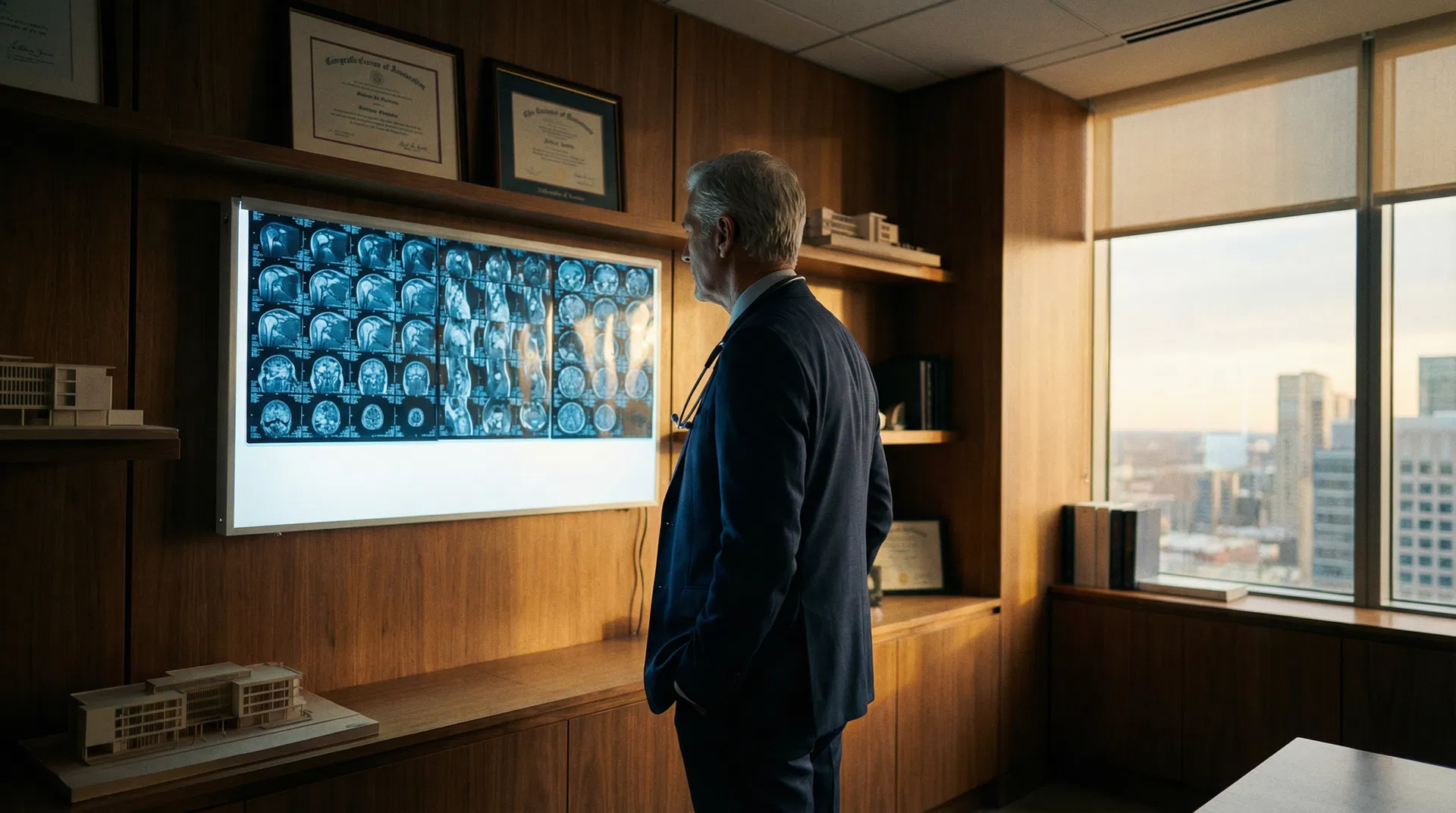 Consultant surgeon's office with shoulder imaging on screen