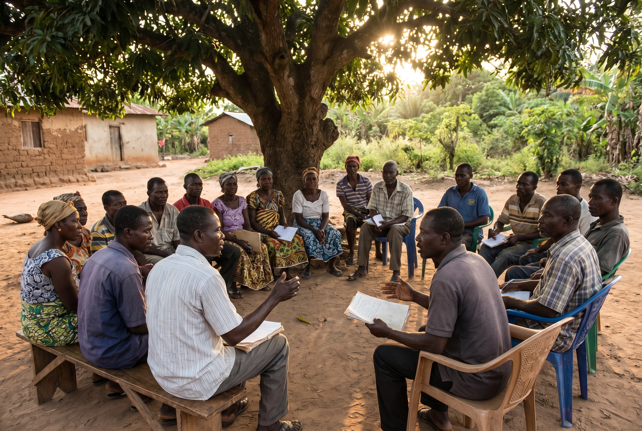 Community meeting under a tree in Ghana's Ashanti region