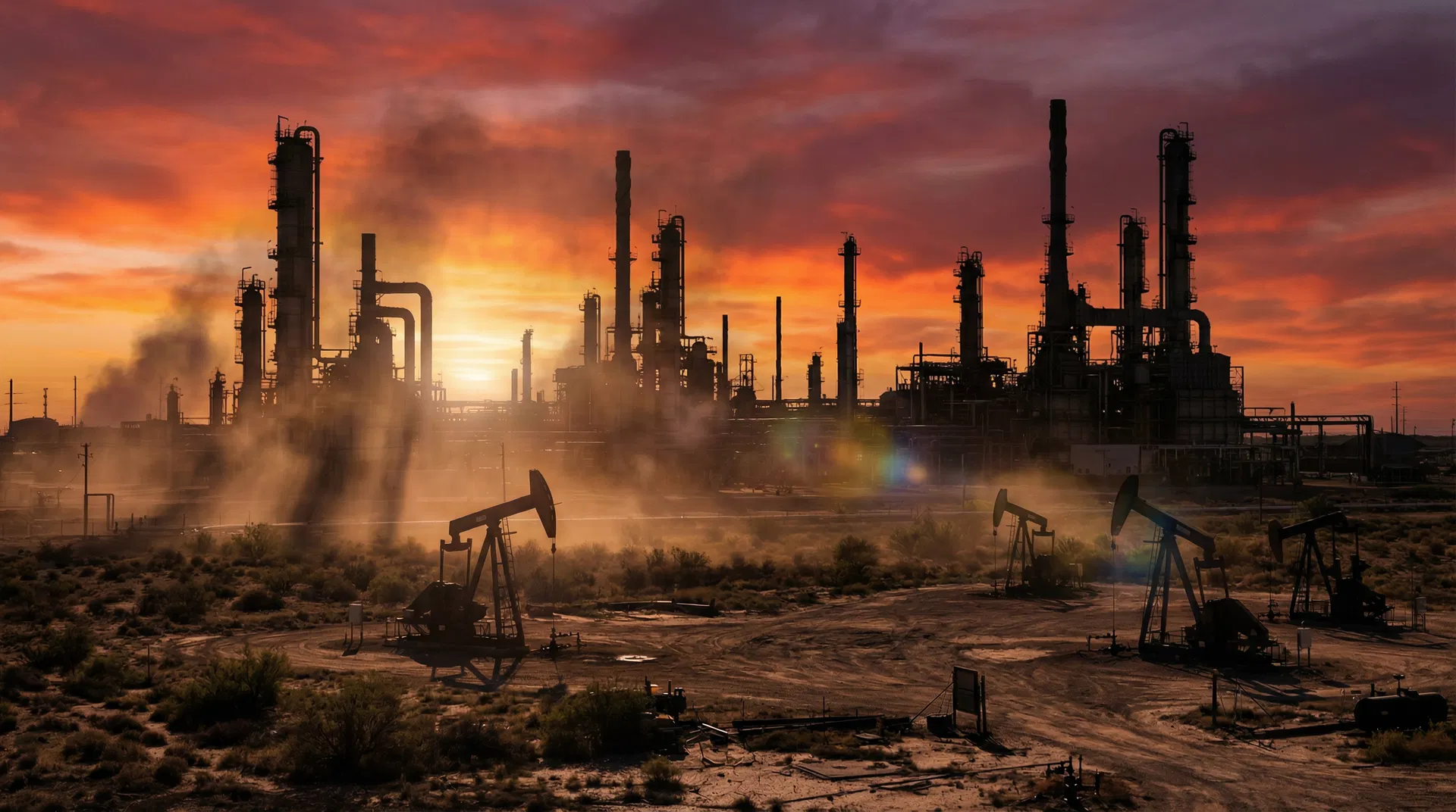 Oil refinery at sunset