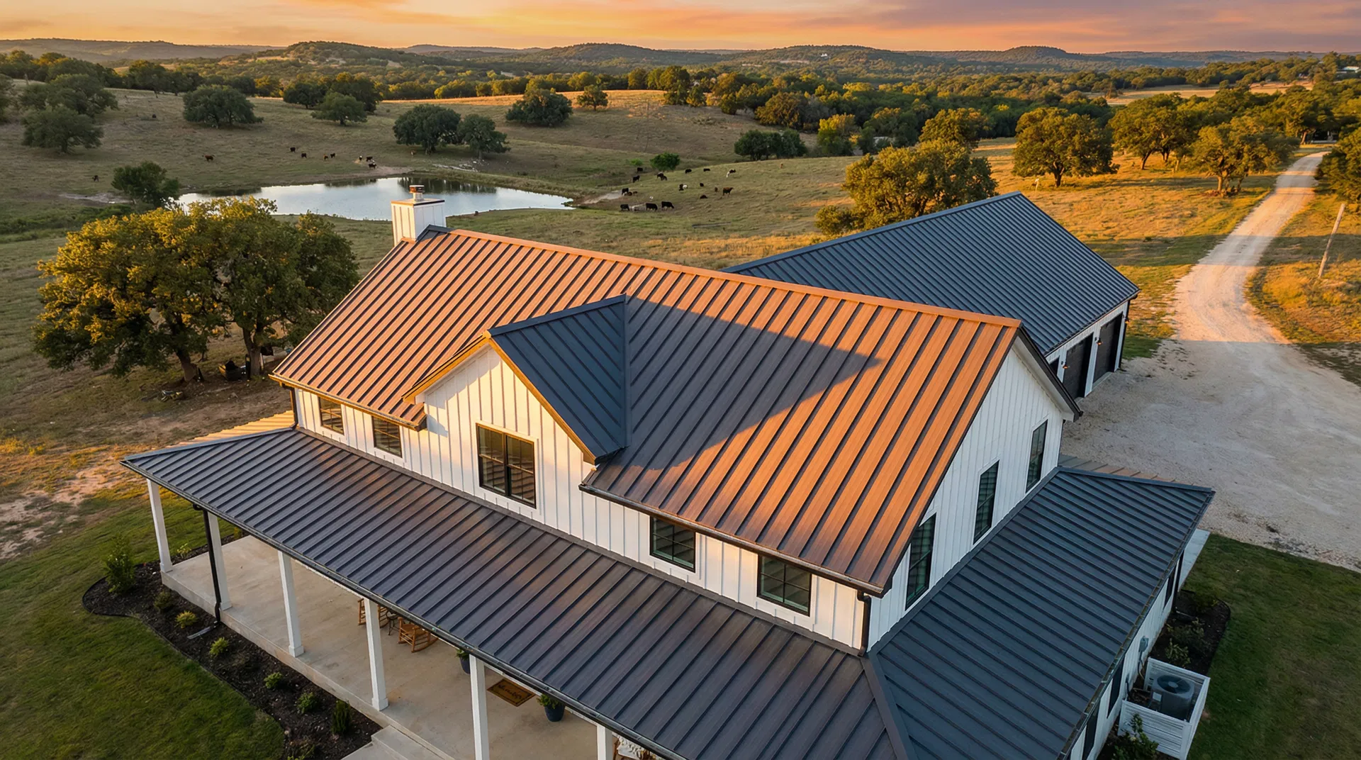Endure Metal Roofing — aerial view of Texas barndominium with standing seam metal roof