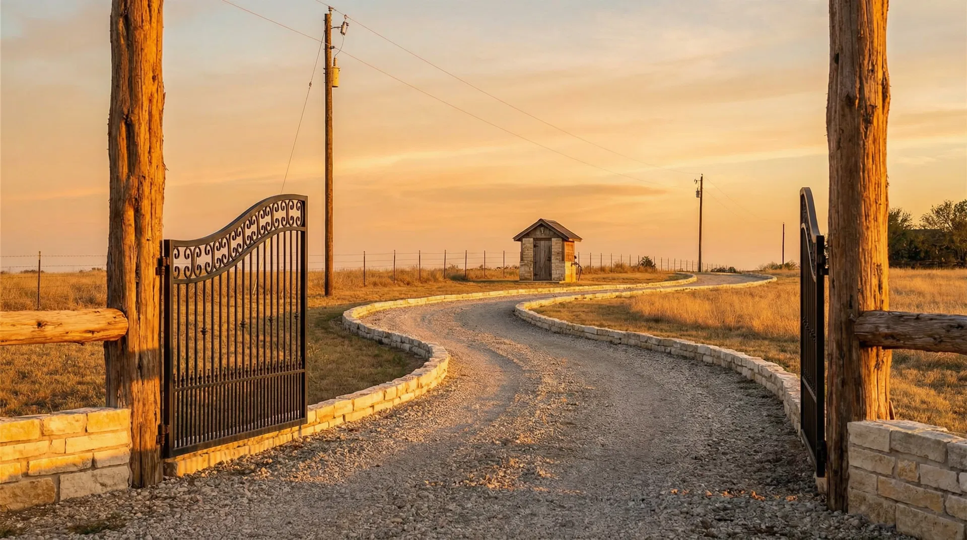 Ranch entry gate and infrastructure at golden hour