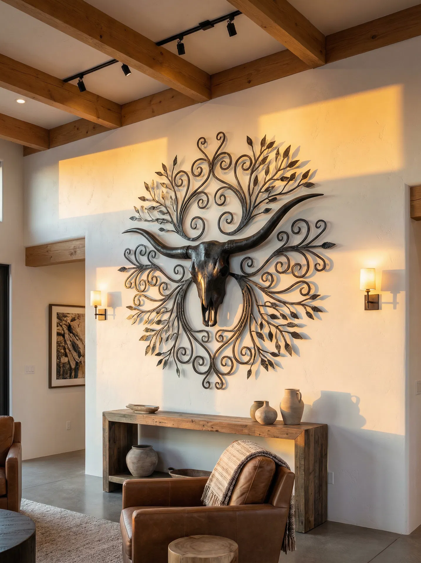 Custom ornamental iron wall art longhorn sculpture