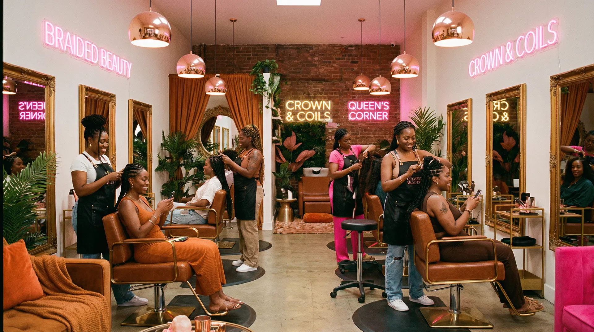 Busy braiding salon with braiders working