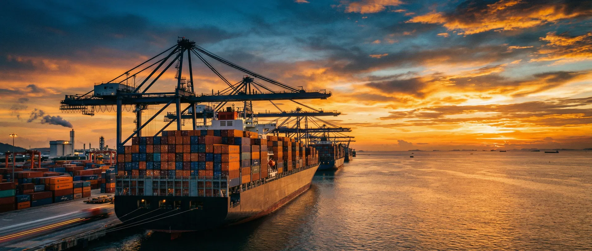 Port maritime au coucher du soleil