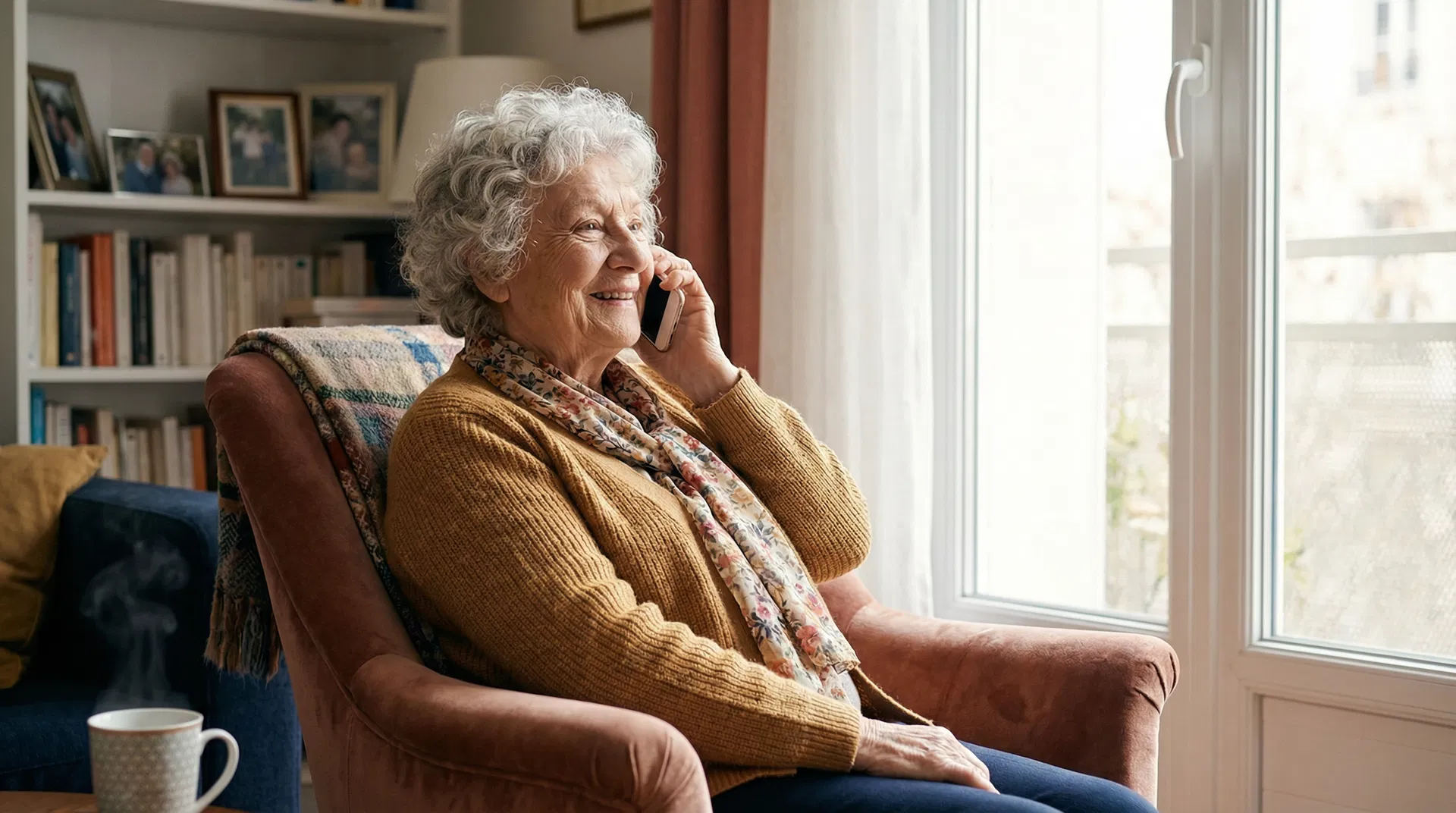 Senior souriant au téléphone
