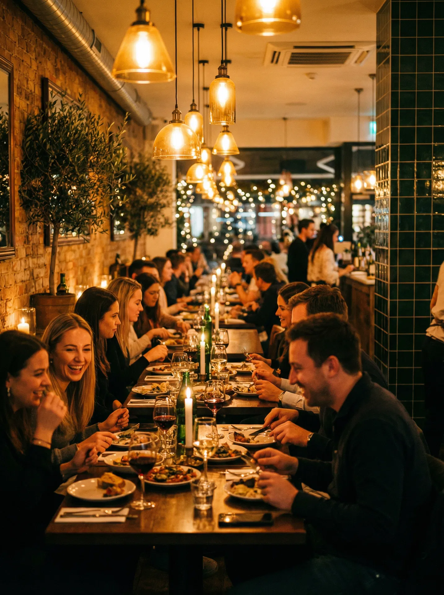 Interior de restaurante lleno con ambiente cálido mediterráneo