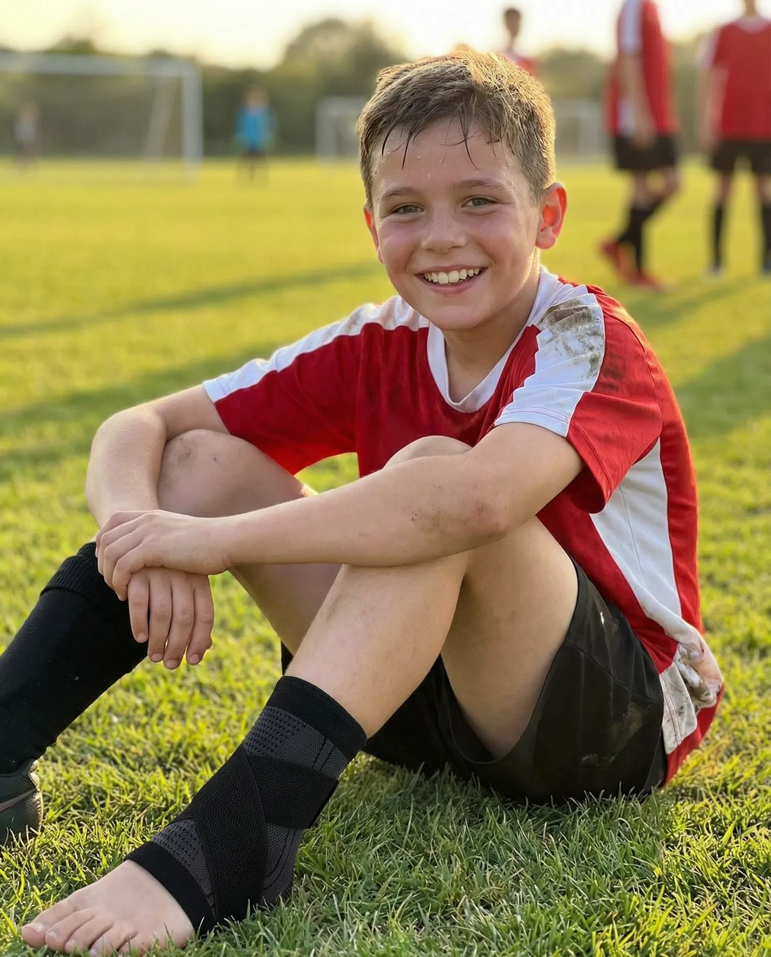 Happy kid giving thumbs up while holding RecoverX sleeve