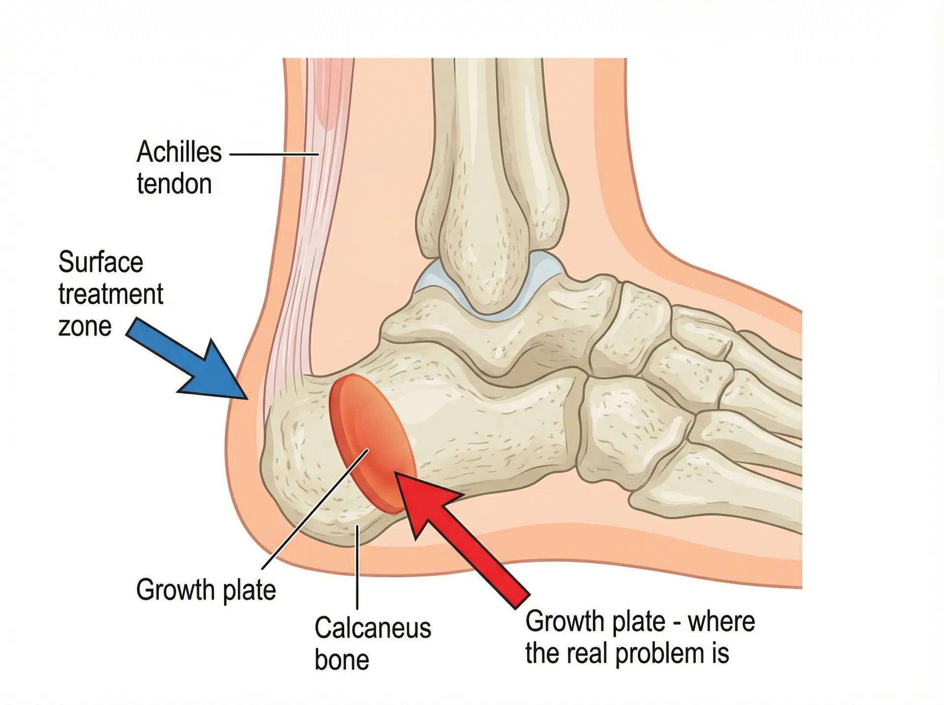 Cross-section diagram of a child's heel showing the growth plate deep inside the calcaneus bone