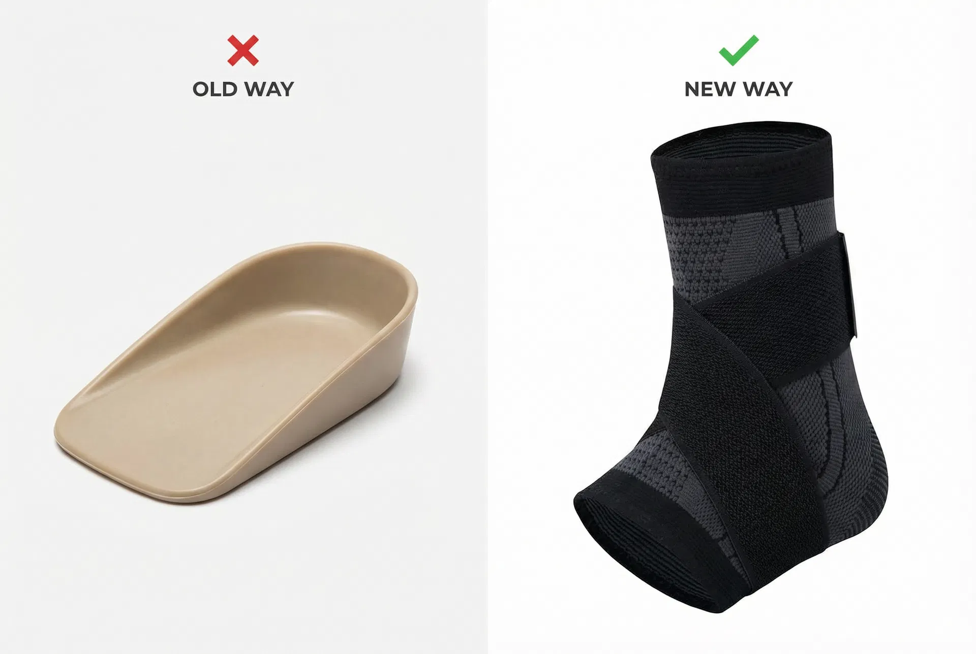 Side-by-side comparison: generic adult heel cup insert vs. RecoverX youth compression sleeve