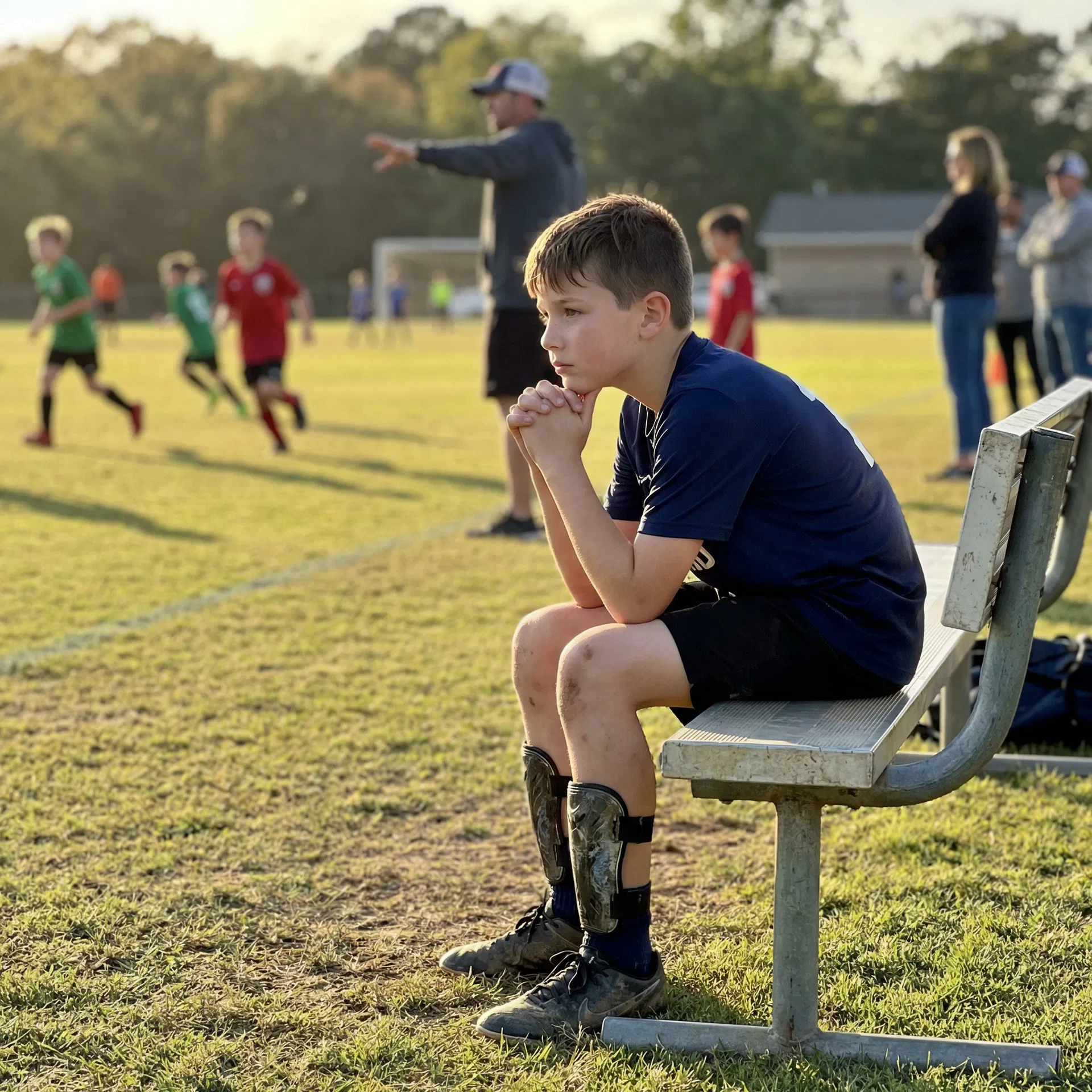 Young soccer player sitting alone on the bench watching teammates play